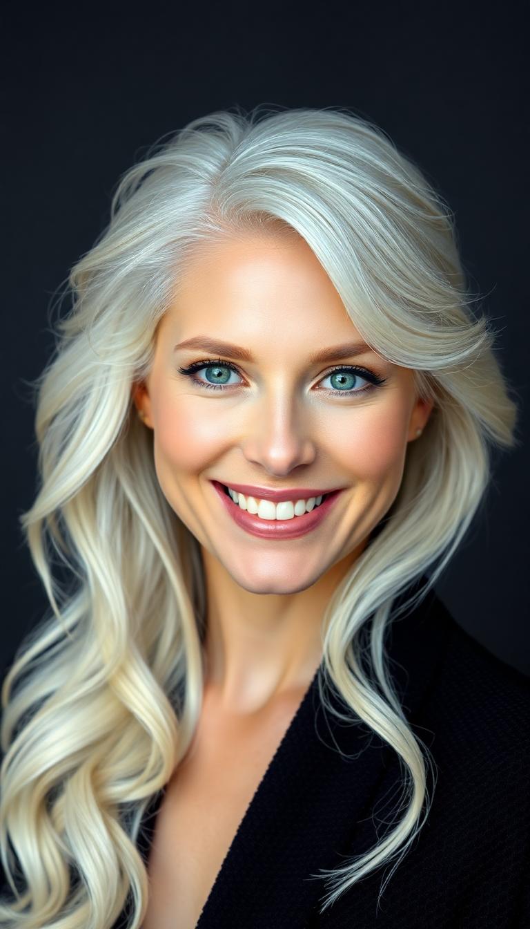 Description and prompt: A high-resolution portrait of a smiling woman with voluminous, wavy platinum white hair and glowing skin. Her light green eyes are softly lit, framed by natural makeup and defined brows. She wears a black textured garment, adding contrast against a smooth dark gray background. The lighting is soft and studio-like, highlighting skin texture and hair definition with minimal shadows. The overall tone is elegant, fresh, and editorial. Created Using: Canon EOS R5, 85mm lens, studio beauty lighting rig, natural retouch workflow, fashion magazine photography style, hd quality, natural look.
