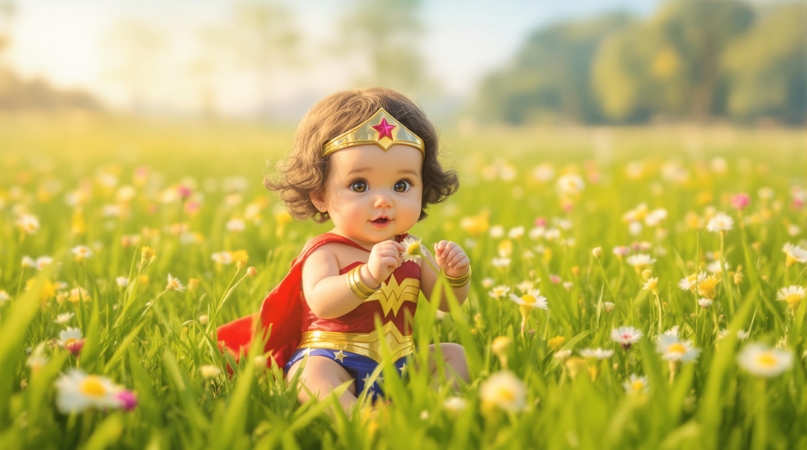 A heartwarming scene of Baby Wonder Woman, an adorable infant with a tiny golden tiara and iconic red, blue, and gold costume, sitting in the middle of a lush, vibrant grassy field. The grass is a rich emerald green, with delicate wildflowers in soft shades of yellow, pink, and white scattered around her. Her chubby hands reach for a flower, her curious eyes wide with wonder. The lighting is warm and golden, reminiscent of a late afternoon sun, casting gentle shadows and creating a dreamy, nostalgic glow over the scene. The composition focuses on Baby Wonder Woman as the central subject, captured from a low angle to emphasize her small stature against the expansive field stretching into a soft, blurred background. The style is inspired by a whimsical, painterly illustration with smooth textures and intricate details in her costume and the surrounding nature. The mood is innocent and serene, evoking a sense of peace and childlike joy, with a clear blue sky and a faint breeze rustling the grass, enhancing the tranquil atmosphere. Rendered with high detail, soft gradients, and a touch of fantasy art influence to highlight her iconic origins.