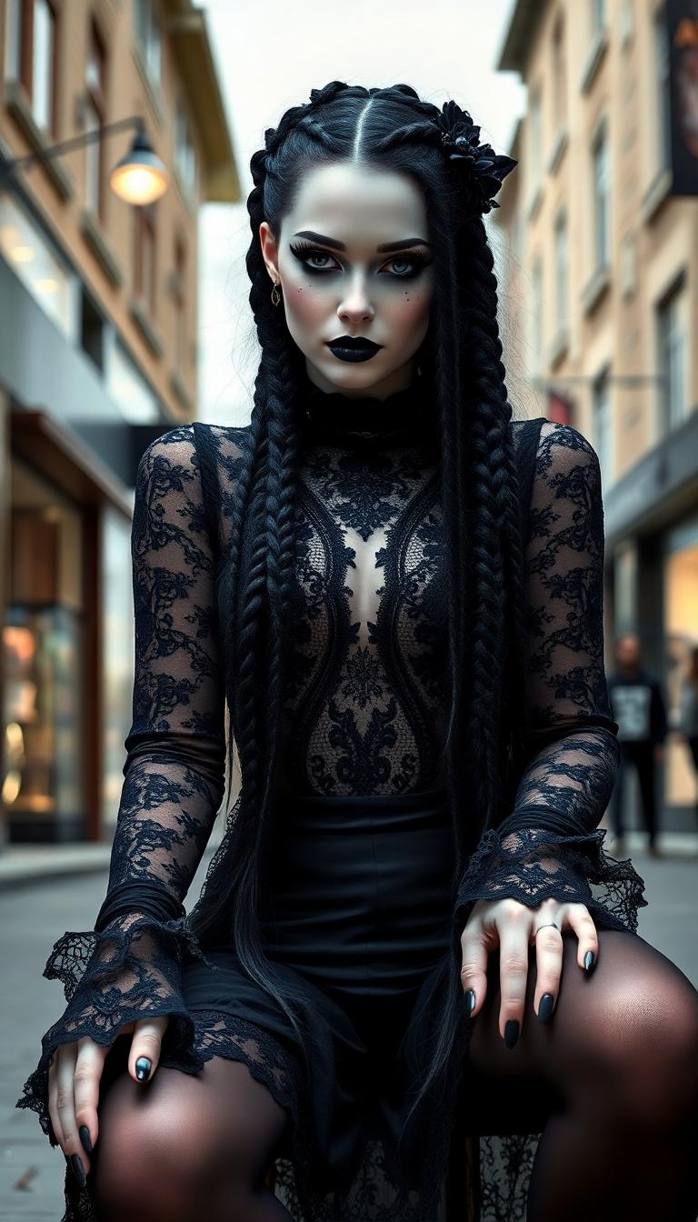 A hyper realistic(((full body image))) depicting a goth girl with pale skin and ((very long black hair)) in intricate braids, dressed in ((black lace clothes)) that accentuate her (curvaceous figure), paired with hyper-realistic, intricate details like (black nails) and (black eye tattoos) that complement her (vividly beautiful gothic makeup). She sits confidently on a (high street) with a backdrop of (modern, luxury fashion) that perfectly captures her whimsically sophisticated essence. Her look blends seamlessly into a modern take on the gothic aesthetic, making it feel both vintage and fashion-forward.