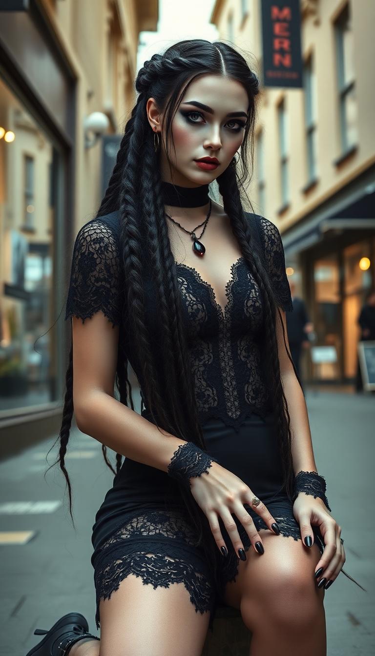 A hyper realistic(((full body image))) depicting a goth girl with pale skin and ((very long black hair)) in intricate braids, dressed in ((black lace clothes)) that accentuate her (curvaceous figure), paired with hyper-realistic, intricate details like (black nails) and (black eye tattoos) that complement her (vividly beautiful gothic makeup). She sits confidently on a (high street) with a backdrop of (modern, luxury fashion) that perfectly captures her whimsically sophisticated essence. Her look blends seamlessly into a modern take on the gothic aesthetic, making it feel both vintage and fashion-forward.