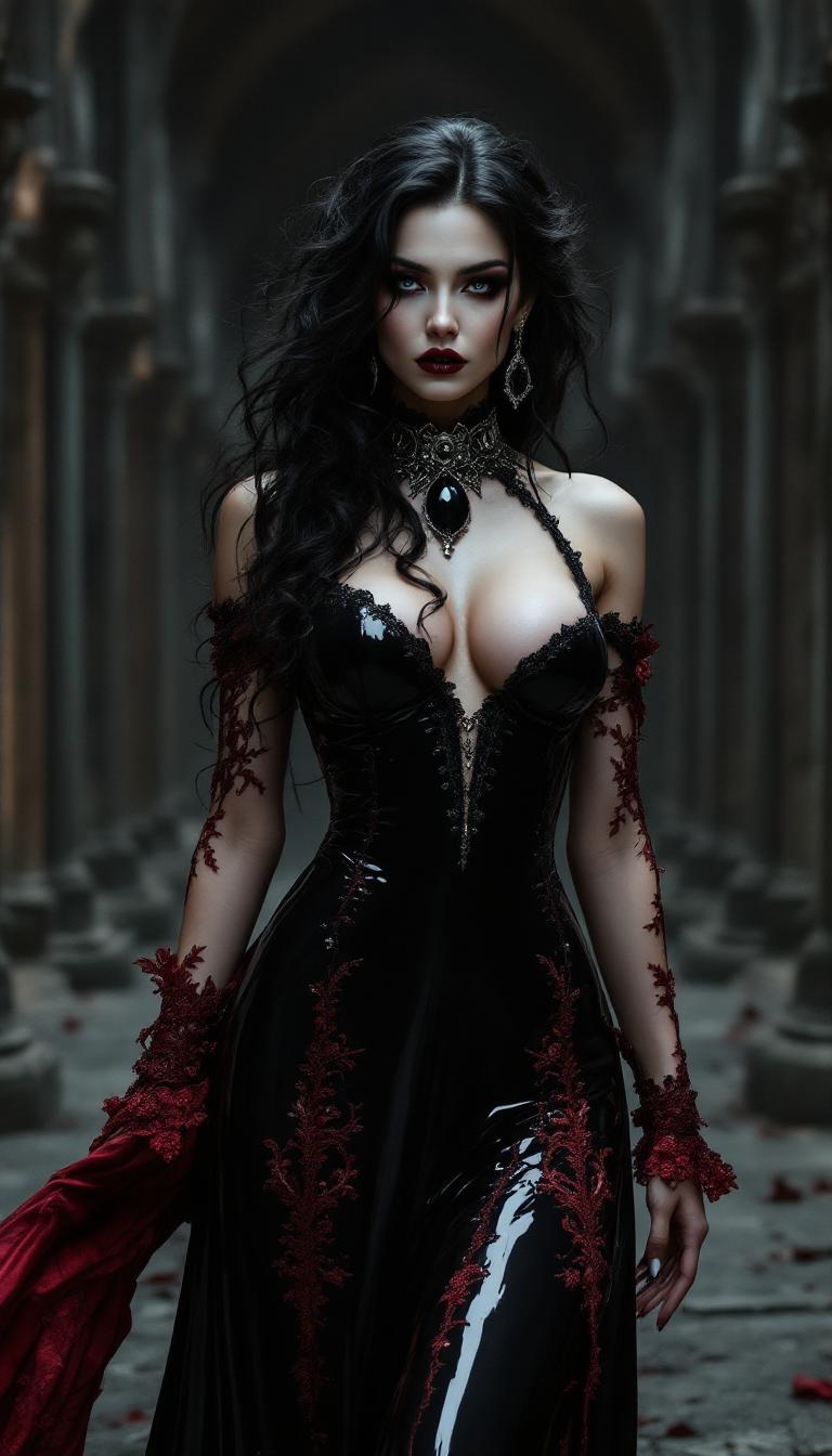 A stunningly seductive, dark gothic, unk dressed in an intricately designed, floor-length shiny black latex gown adorned with crimson lace trimmings that cling to her voluptuous curves like a second skin. Her hair is a cascade of raven locks, woven with shimmering threads of the same crimson hue, which contrast sharply against her alabaster skin. Her eyes, piercing and ice-blue, are highlighted by dramatic, smoky makeup that accentuates the sharp angles of her cheekbones and the intensity of her stare. Around her neck, she wears a heavy, antique silver choker, from which hangs a large, black onyx gem that rests upon the hollow of her throat. Standing in a foreboding dark cathedral