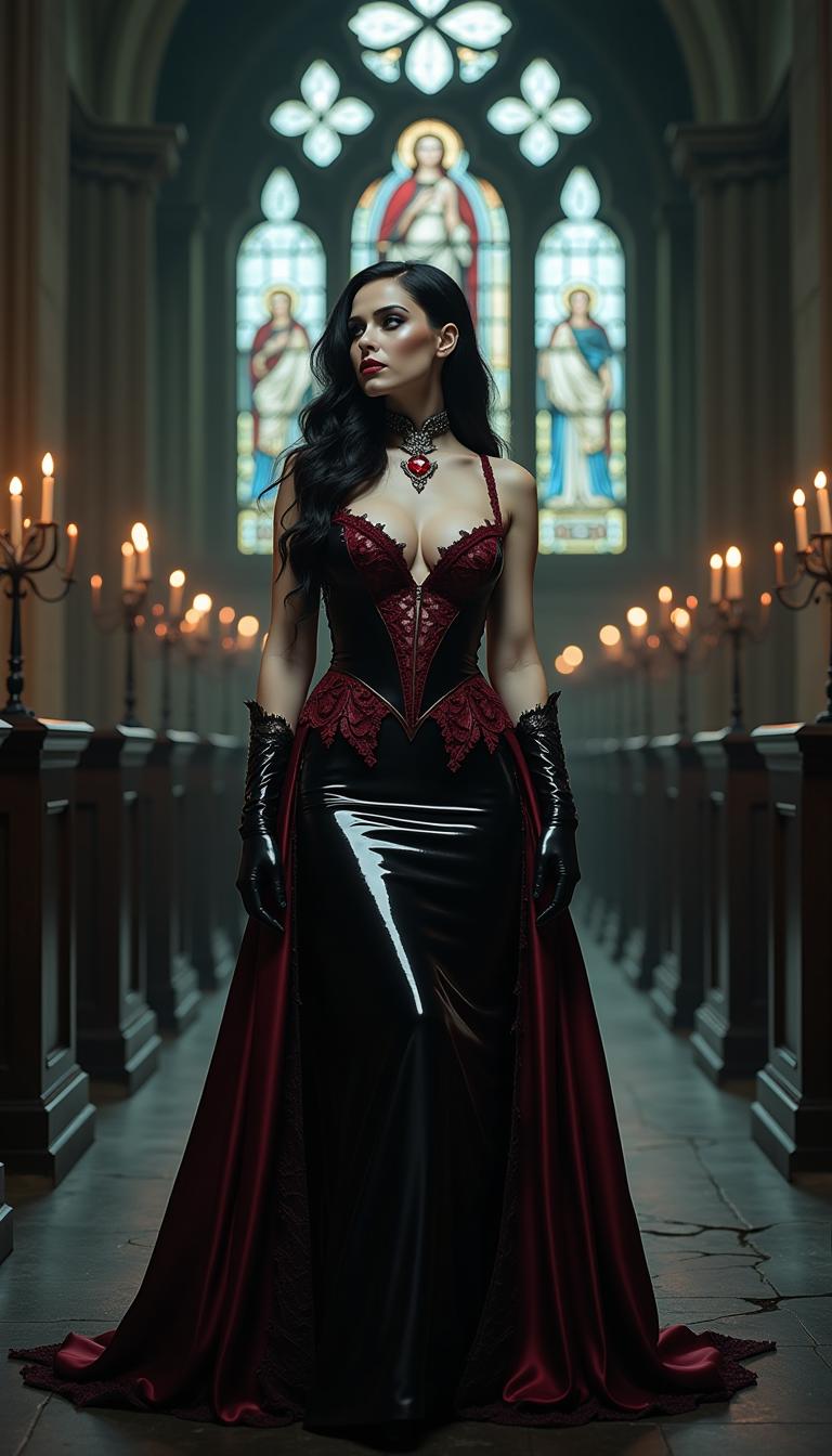 A captivating and seductive dark gothic figure, a stunning woman dressed in an intricately designed, floor-length shiny black latex gown that clings to her voluptuous curves like a second skin, adorned with delicate crimson lace trimmings that add a blood-red contrast to the glossy darkness. Her raven-black hair cascades in voluminous waves, interwoven with shimmering crimson threads that catch the faint light, creating a striking contrast against her alabaster, porcelain skin. Her piercing ice-blue eyes, framed by dramatic smoky makeup, exude an enigmatic intensity, accentuating the sharp angles of her high cheekbones and the commanding power of her gaze. A heavy antique silver choker encircles her neck, bearing a polished glowing ruby gem that rests in the hollow of her throat, adding an air of ancient mystique. She stands poised and commanding in the shadowy depths of a foreboding dark cathedral, its towering gothic arches and cracked stone walls bathed in the dim, ethereal glow of flickering candlelight filtering through stained glass windows depicting somber, forgotten saints. The composition centers on her figure, positioned slightly off-center, with a low-angle perspective that emphasizes her dominance and the soaring height of the cathedral ceiling above. The mood is haunting and sensual, with a chilling yet alluring atmosphere, the air thick with the scent of old stone and wax, and faint whispers of wind echoing through the desolate space. Rendered in a dark romantic style reminiscent of 19th-century gothic art, with hyper-detailed textures in the latex and lace, soft chiaroscuro lighting casting deep shadows and subtle highlights on her form, and a cinematic depth of field that keeps her sharply in focus while the cathedral fades into a mysterious blur in the background.