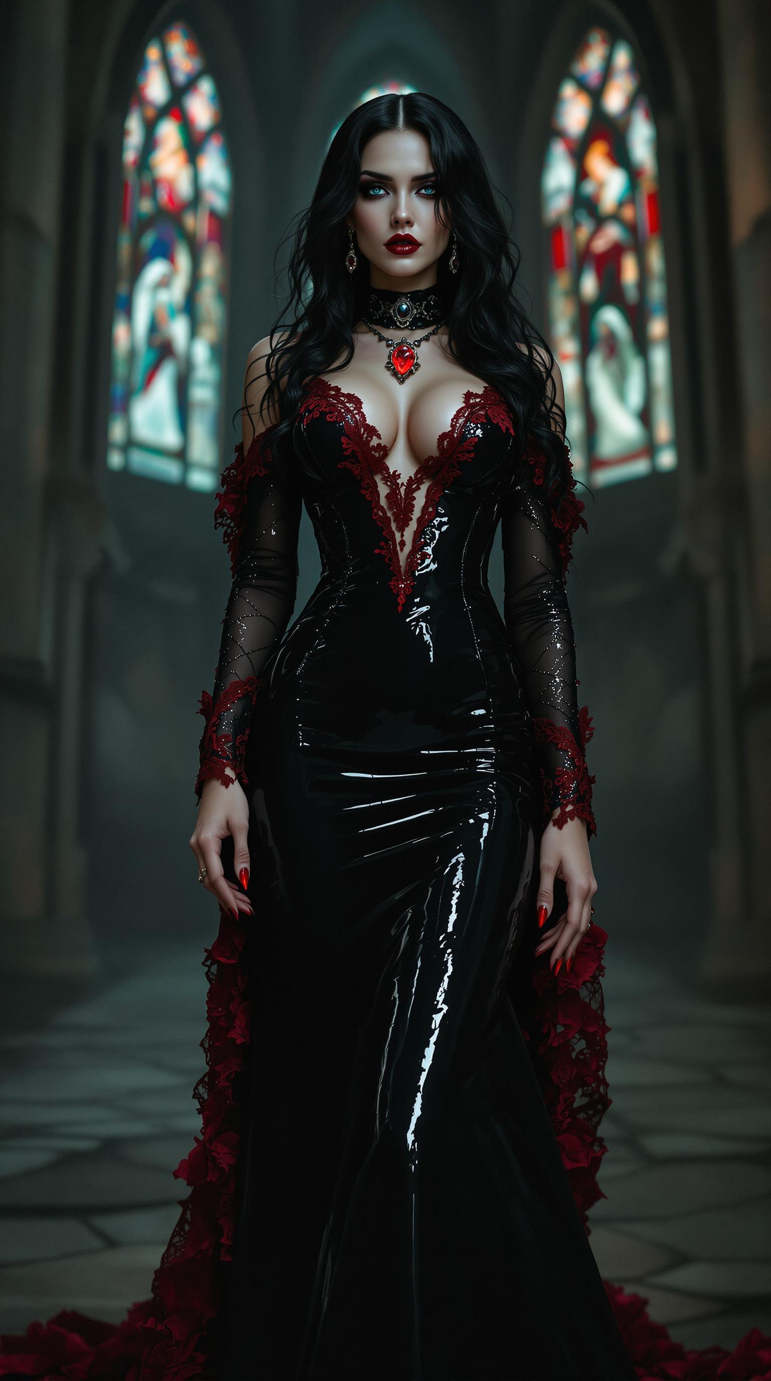 A captivating and seductive dark gothic figure, a stunning woman dressed in an intricately designed, floor-length shiny black latex gown that clings to her voluptuous curves like a second skin, adorned with delicate crimson lace trimmings that add a blood-red contrast to the glossy darkness. Her raven-black hair cascades in voluminous waves, interwoven with shimmering crimson threads that catch the faint light, creating a striking contrast against her alabaster, porcelain skin. Her piercing ice-blue eyes, framed by dramatic smoky makeup, exude an enigmatic intensity, accentuating the sharp angles of her high cheekbones and the commanding power of her gaze. A heavy antique silver choker encircles her neck, bearing a polished glowing ruby gem that rests in the hollow of her throat, adding an air of ancient mystique. She stands poised and commanding in the shadowy depths of a foreboding dark cathedral, its towering gothic arches and cracked stone walls bathed in the dim, ethereal glow of flickering candlelight filtering through stained glass windows depicting somber, forgotten saints. The composition centers on her figure, positioned slightly off-center, with a low-angle perspective that emphasizes her dominance and the soaring height of the cathedral ceiling above. The mood is haunting and sensual, with a chilling yet alluring atmosphere, the air thick with the scent of old stone and wax, and faint whispers of wind echoing through the desolate space. Rendered in a dark romantic style reminiscent of 19th-century gothic art, with hyper-detailed textures in the latex and lace, soft chiaroscuro lighting casting deep shadows and subtle highlights on her form, and a cinematic depth of field that keeps her sharply in focus while the cathedral fades into a mysterious blur in the background.