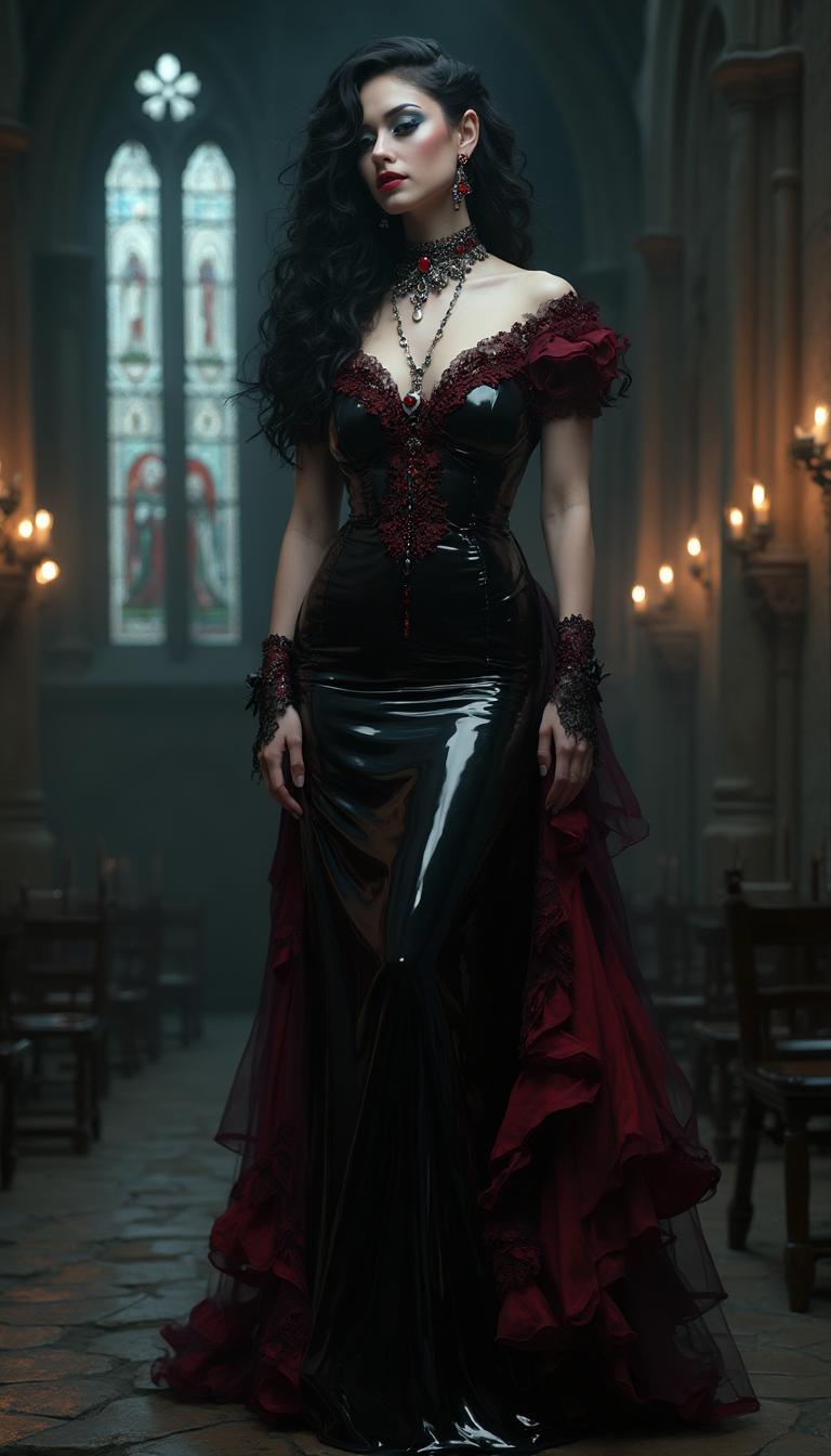 A captivating and seductive dark gothic figure, a stunning woman dressed in an intricately designed, floor-length shiny black latex gown that clings to her voluptuous curves like a second skin, adorned with delicate crimson lace trimmings that add a blood-red contrast to the glossy darkness. Her raven-black hair cascades in voluminous waves, interwoven with shimmering crimson threads that catch the faint light, creating a striking contrast against her alabaster, porcelain skin. Her piercing ice-blue eyes, framed by dramatic smoky makeup, exude an enigmatic intensity, accentuating the sharp angles of her high cheekbones and the commanding power of her gaze. A heavy antique silver choker encircles her neck, bearing a polished glowing ruby gem that rests in the hollow of her throat, adding an air of ancient mystique. She stands poised and commanding in the shadowy depths of a foreboding dark cathedral, its towering gothic arches and cracked stone walls bathed in the dim, ethereal glow of flickering candlelight filtering through stained glass windows depicting somber, forgotten saints. The composition centers on her figure, positioned slightly off-center, with a low-angle perspective that emphasizes her dominance and the soaring height of the cathedral ceiling above. The mood is haunting and sensual, with a chilling yet alluring atmosphere, the air thick with the scent of old stone and wax, and faint whispers of wind echoing through the desolate space. Rendered in a dark romantic style reminiscent of 19th-century gothic art, with hyper-detailed textures in the latex and lace, soft chiaroscuro lighting casting deep shadows and subtle highlights on her form, and a cinematic depth of field that keeps her sharply in focus while the cathedral fades into a mysterious blur in the background.