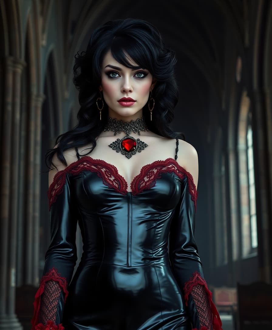 A captivating and seductive dark gothic figure, a stunning woman dressed in an intricately designed, floor-length shiny black latex gown that clings to her voluptuous curves like a second skin, adorned with delicate crimson lace trimmings that add a blood-red contrast to the glossy darkness. Her raven-black hair cascades in voluminous waves, interwoven with shimmering crimson threads that catch the faint light, creating a striking contrast against her alabaster, porcelain skin. Her piercing ice-blue eyes, framed by dramatic smoky makeup, exude an enigmatic intensity, accentuating the sharp angles of her high cheekbones and the commanding power of her gaze. A heavy antique silver choker encircles her neck, bearing a polished glowing ruby gem that rests in the hollow of her throat, adding an air of ancient mystique. She stands poised and commanding in the shadowy depths of a foreboding dark cathedral, its towering gothic arches and cracked stone walls bathed in the dim, ethereal glow of flickering candlelight filtering through stained glass windows depicting somber, forgotten saints. The composition centers on her figure, positioned slightly off-center, with a low-angle perspective that emphasizes her dominance and the soaring height of the cathedral ceiling above. The mood is haunting and sensual, with a chilling yet alluring atmosphere, the air thick with the scent of old stone and wax, and faint whispers of wind echoing through the desolate space. Rendered in a dark romantic style reminiscent of 19th-century gothic art, with hyper-detailed textures in the latex and lace, soft chiaroscuro lighting casting deep shadows and subtle highlights on her form, and a cinematic depth of field that keeps her sharply in focus while the cathedral fades into a mysterious blur in the background.