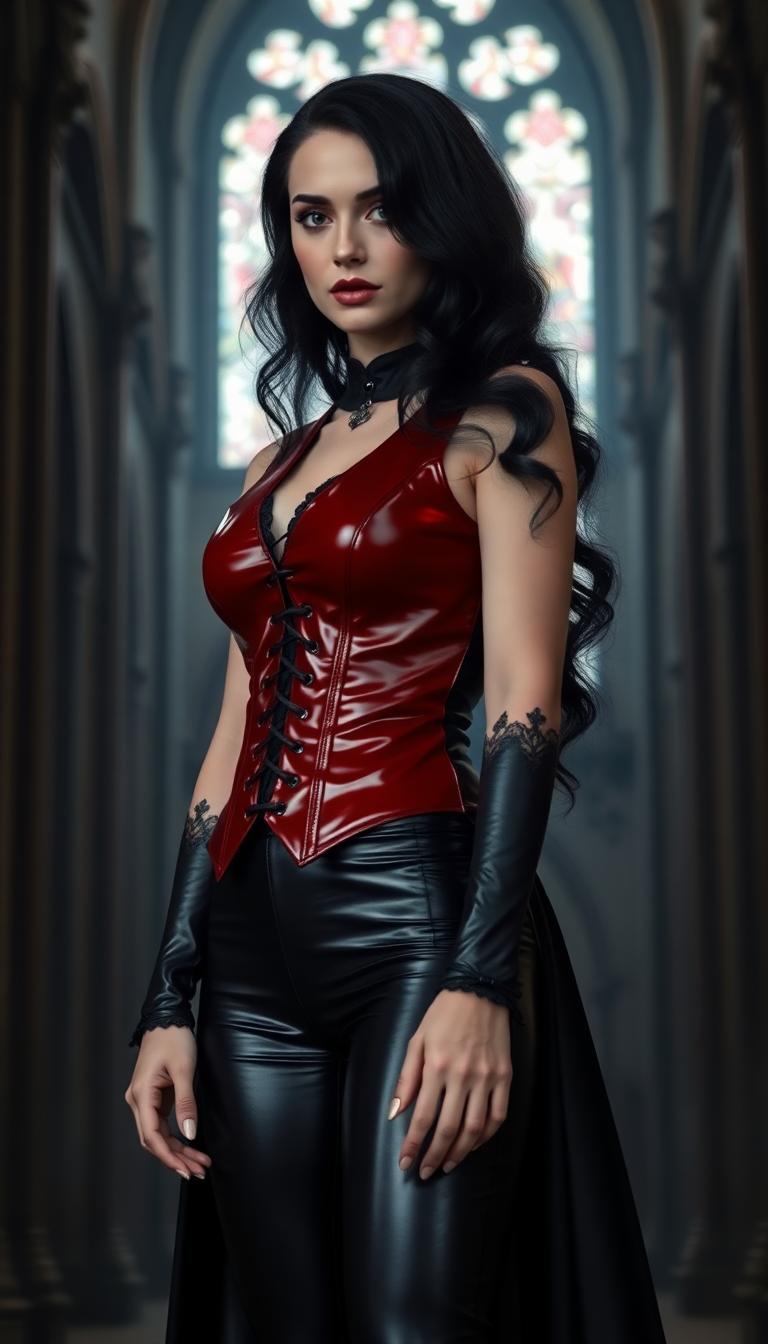 Kate blanchet, long black wavy hair, vampire queen, crimson latex corseted vest and shiny black latex pants laced up the sides. Stands in a dark cathedral