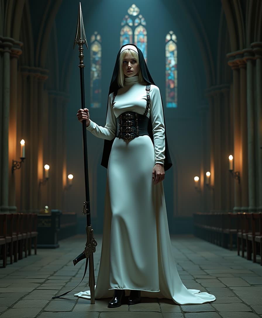 A striking and unconventional scene set in the shadowy depths of a gothic cathedral, illuminated by faint beams of moonlight filtering through towering stained-glass windows. At the center stands a fierce nun with dirty blonde hair slightly escaping from beneath her traditional black veil, framing her intense expression. She is clad in a floor-length, shiny white latex nun's habit that clings to her form, reflecting the dim light with a sleek, polished sheen. Her torso is tightly bound by a matching shiny white latex corset, adorned with thick straps and bold buckles, emphasizing a commanding silhouette. On her feet, she wears imposing 6-inch high-heeled boots, their glossy surface echoing the latex of her attire. Around her waist, a rugged gun belt holds a large, detailed holster, adding a rebellious edge. In one hand, she grips a tall, intricately designed spear, its metallic tip glinting ominously in the low light. The composition focuses on her powerful stance, positioned slightly off-center with the cathedral's ancient stone arches and flickering candlelight in the background, captured from a low angle to enhance her dominance and mystique. The mood is dark and enigmatic, blending sacred and subversive tones, with a cold, ethereal atmosphere accentuated by subtle mist and the deep shadows of midnight. Rendered in a hyper-realistic style with a cinematic quality, emphasizing dramatic chiaroscuro lighting, intricate textures of latex and stone, and a gritty, film-noir-inspired aesthetic.