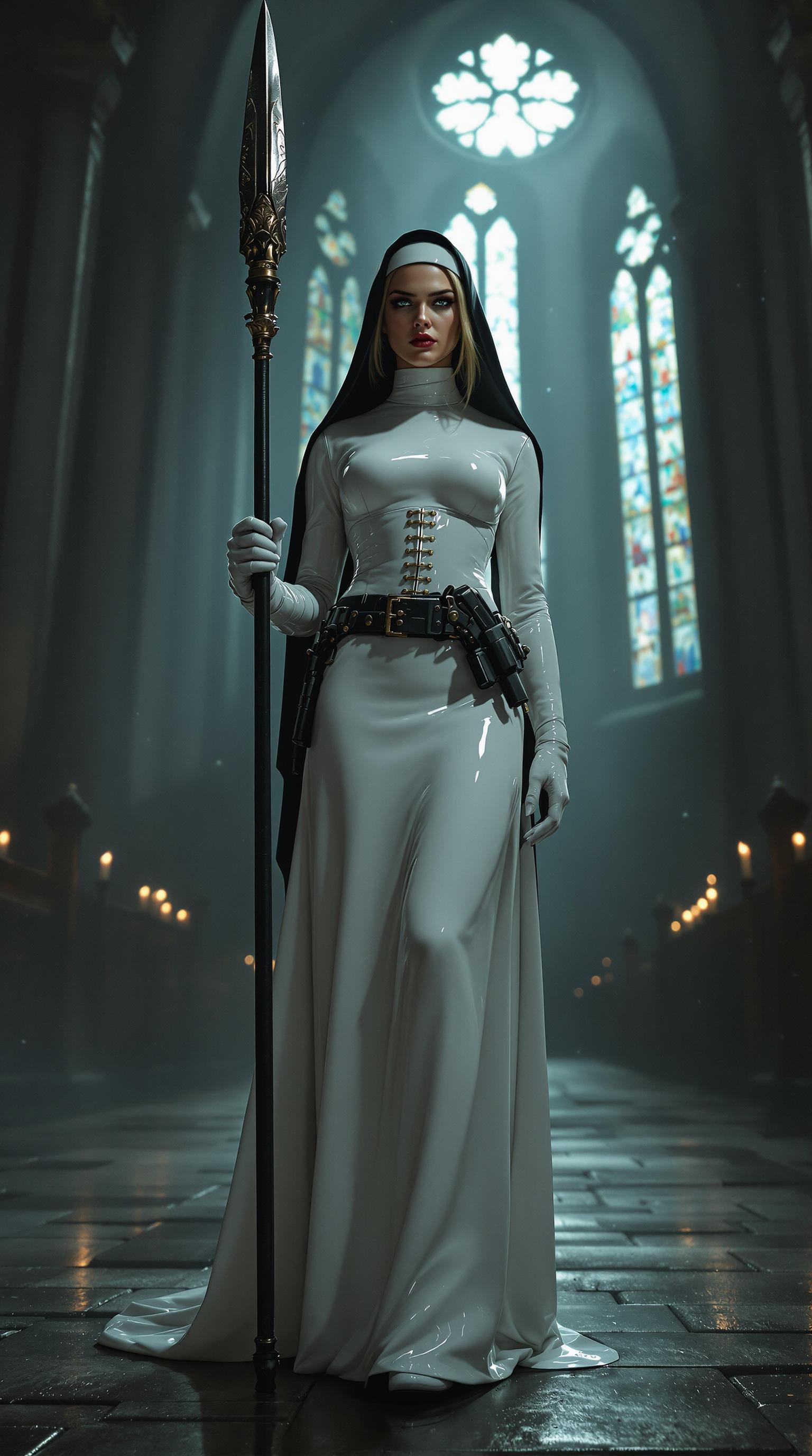 A striking and unconventional scene set in the shadowy depths of a gothic cathedral, illuminated by faint beams of moonlight filtering through towering stained-glass windows. At the center stands a fierce nun with dirty blonde hair slightly escaping from beneath her traditional black veil, framing her intense expression. She is clad in a floor-length, shiny white latex nun's habit that clings to her form, reflecting the dim light with a sleek, polished sheen. Her torso is tightly bound by a matching shiny white latex corset, adorned with thick straps and bold buckles, emphasizing a commanding silhouette. On her feet, she wears imposing 6-inch high-heeled boots, their glossy surface echoing the latex of her attire. Around her waist, a rugged gun belt holds a large, detailed holster, adding a rebellious edge. In one hand, she grips a tall, intricately designed spear, its metallic tip glinting ominously in the low light. The composition focuses on her powerful stance, positioned slightly off-center with the cathedral's ancient stone arches and flickering candlelight in the background, captured from a low angle to enhance her dominance and mystique. The mood is dark and enigmatic, blending sacred and subversive tones, with a cold, ethereal atmosphere accentuated by subtle mist and the deep shadows of midnight. Rendered in a hyper-realistic style with a cinematic quality, emphasizing dramatic chiaroscuro lighting, intricate textures of latex and stone, and a gritty, film-noir-inspired aesthetic.