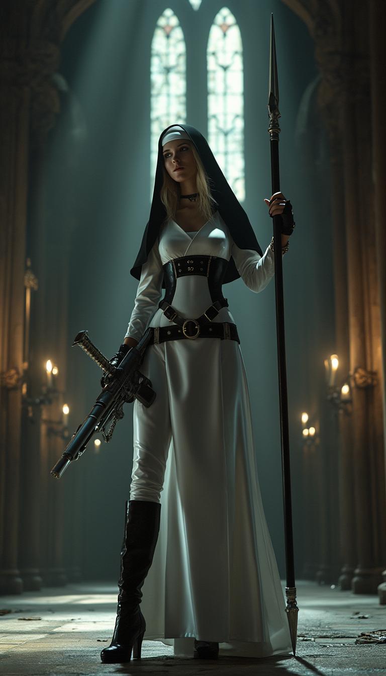 A striking and unconventional scene set in the shadowy depths of a gothic cathedral, illuminated by faint beams of moonlight filtering through towering stained-glass windows. At the center stands a fierce nun with dirty blonde hair slightly escaping from beneath her traditional black veil, framing her intense expression. She is clad in a floor-length, shiny white latex nun's habit that clings to her form, reflecting the dim light with a sleek, polished sheen. Her torso is tightly bound by a matching shiny white latex corset, adorned with thick straps and bold buckles, emphasizing a commanding silhouette. On her feet, she wears imposing 6-inch high-heeled boots, their glossy surface echoing the latex of her attire. Around her waist, a rugged gun belt holds a large, detailed holster, adding a rebellious edge. In one hand, she grips a tall, intricately designed spear, its metallic tip glinting ominously in the low light. The composition focuses on her powerful stance, positioned slightly off-center with the cathedral's ancient stone arches and flickering candlelight in the background, captured from a low angle to enhance her dominance and mystique. The mood is dark and enigmatic, blending sacred and subversive tones, with a cold, ethereal atmosphere accentuated by subtle mist and the deep shadows of midnight. Rendered in a hyper-realistic style with a cinematic quality, emphasizing dramatic chiaroscuro lighting, intricate textures of latex and stone, and a gritty, film-noir-inspired aesthetic.