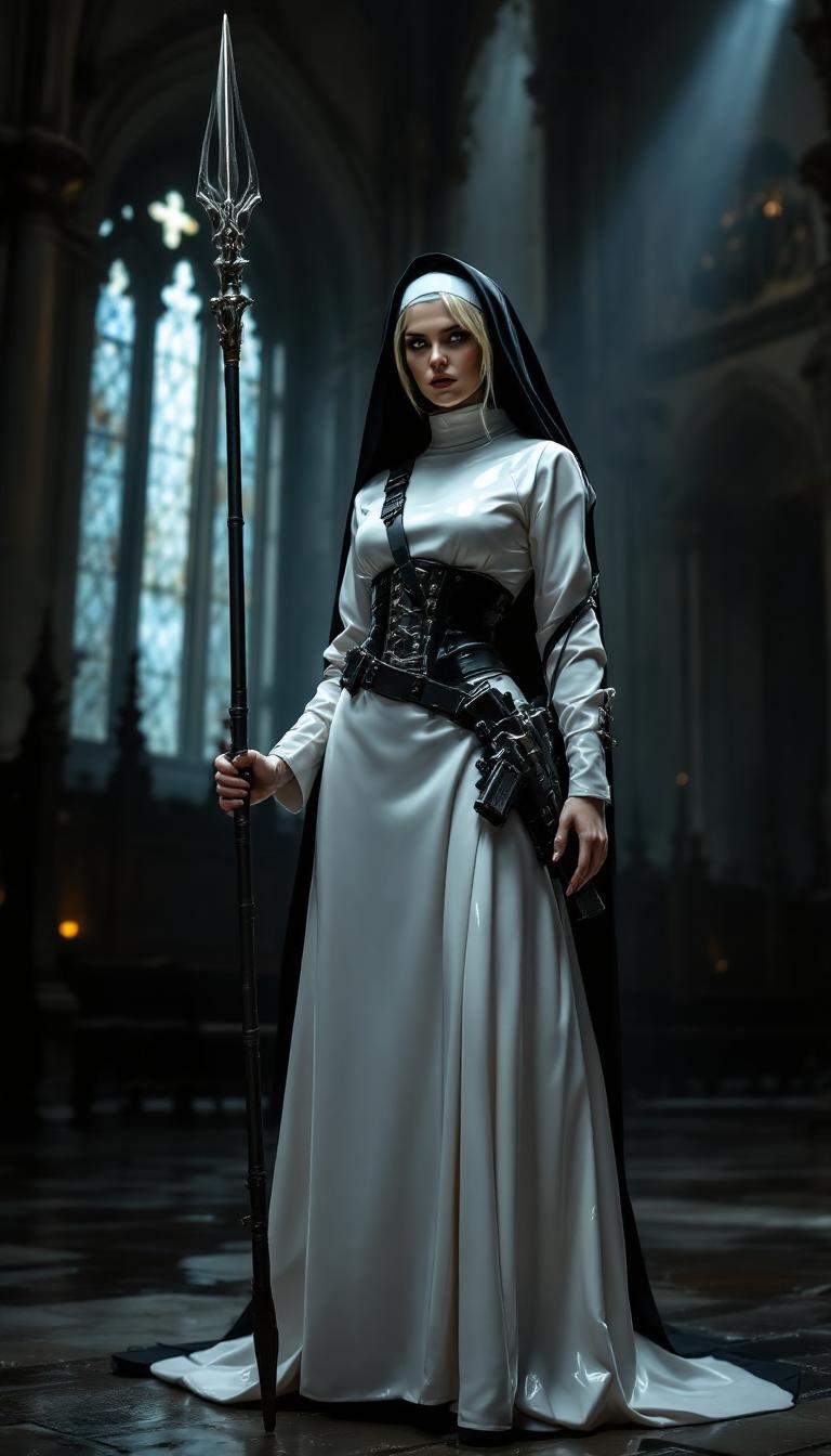 A striking and unconventional scene set in the shadowy depths of a gothic cathedral, illuminated by faint beams of moonlight filtering through towering stained-glass windows. At the center stands a fierce nun with dirty blonde hair slightly escaping from beneath her traditional black veil, framing her intense expression. She is clad in a floor-length, shiny white latex nun's habit that clings to her form, reflecting the dim light with a sleek, polished sheen. Her torso is tightly bound by a matching shiny white latex corset, adorned with thick straps and bold buckles, emphasizing a commanding silhouette. On her feet, she wears imposing 6-inch high-heeled boots, their glossy surface echoing the latex of her attire. Around her waist, a rugged gun belt holds a large, detailed holster, adding a rebellious edge. In one hand, she grips a tall, intricately designed spear, its metallic tip glinting ominously in the low light. The composition focuses on her powerful stance, positioned slightly off-center with the cathedral's ancient stone arches and flickering candlelight in the background, captured from a low angle to enhance her dominance and mystique. The mood is dark and enigmatic, blending sacred and subversive tones, with a cold, ethereal atmosphere accentuated by subtle mist and the deep shadows of midnight. Rendered in a hyper-realistic style with a cinematic quality, emphasizing dramatic chiaroscuro lighting, intricate textures of latex and stone, and a gritty, film-noir-inspired aesthetic.