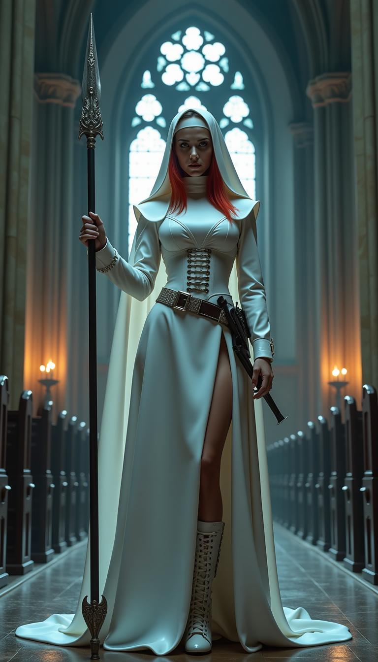 A striking and unconventional scene set in the shadowy depths of a gothic cathedral, illuminated by faint beams of moonlight filtering through towering stained-glass windows. At the center stands a fierce nun with crimson hair escaping from beneath her traditional shiny white latex veil, framing her intense expression. She is clad in a floor-length, shiny white latex nun's habit that clings to her form slit up one long leg, reflecting the dim light with a sleek, polished sheen. Her torso is tightly bound by a matching shiny white latex corset, adorned with thick straps and bold buckles, emphasizing a commanding silhouette. On her feet, she wears imposing 6-inch high-heeled boots, their glossy surface echoing the latex of her attire. Around her waist, a rugged gun belt holds a large, detailed holster, adding a rebellious edge. In one hand, she grips a tall, intricately designed spear, its metallic tip glinting ominously in the low light. The composition focuses on her powerful stance, positioned slightly off-center with the cathedral's ancient stone arches and flickering candlelight in the background, captured from a low angle to enhance her dominance and mystique. The mood is dark and enigmatic, blending sacred and subversive tones, with a cold, ethereal atmosphere accentuated by subtle mist and the deep shadows of midnight. Rendered in a hyper-realistic style with a cinematic quality, emphasizing dramatic chiaroscuro lighting, intricate textures of latex and stone, and a gritty, film-noir-inspired aesthetic.