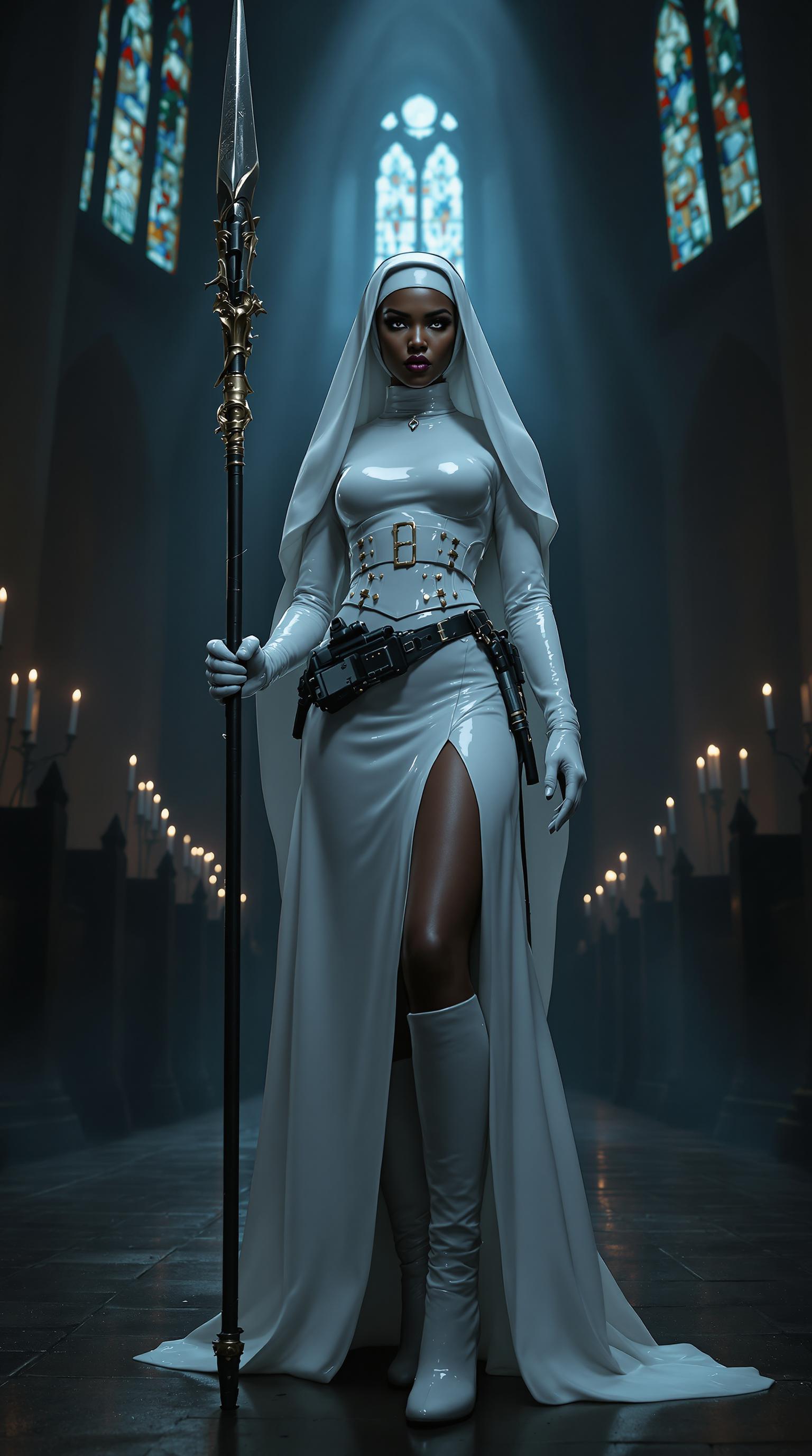 A striking and unconventional scene set in the shadowy depths of a gothic cathedral, illuminated by faint beams of moonlight filtering through towering stained-glass windows. At the center stands a fierce african-american nun with white hair escaping from beneath her traditional shiny white latex veil, framing her intense expression. She is clad in a floor-length, shiny white latex nun's habit that clings to her form slit up one long leg, reflecting the dim light with a sleek, polished sheen. Her torso is tightly bound by a matching shiny white latex corset, adorned with thick straps and bold buckles, emphasizing a commanding silhouette. On her feet, she wears imposing 6-inch high-heeled boots, their glossy surface echoing the latex of her attire. Around her waist, a rugged gun belt holds a large, detailed holster, adding a rebellious edge. In one hand, she grips a tall, intricately designed spear, its metallic tip glinting ominously in the low light. The composition focuses on her powerful stance, positioned slightly off-center with the cathedral's ancient stone arches and flickering candlelight in the background, captured from a low angle to enhance her dominance and mystique. The mood is dark and enigmatic, blending sacred and subversive tones, with a cold, ethereal atmosphere accentuated by subtle mist and the deep shadows of midnight. Rendered in a hyper-realistic style with a cinematic quality, emphasizing dramatic chiaroscuro lighting, intricate textures of latex and stone, and a gritty, film-noir-inspired aesthetic.