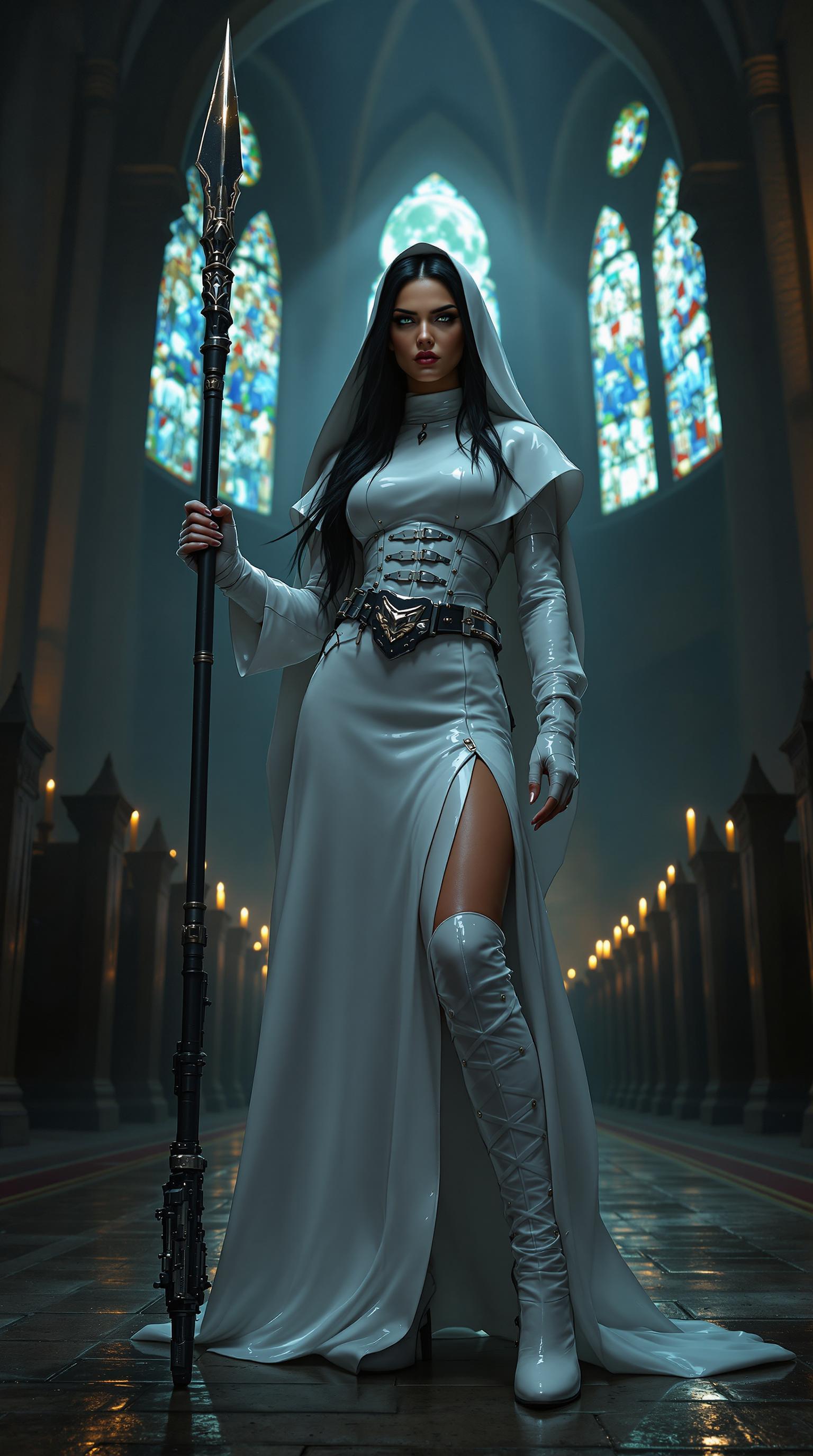 A striking and unconventional scene set in the shadowy depths of a gothic cathedral, illuminated by faint beams of moonlight filtering through towering stained-glass windows. At the center stands a fierce native american nun with black hair escaping from beneath her traditional shiny white latex veil, framing her intense expression. She is clad in a floor-length, shiny white latex nun's habit that clings to her form slit up one long leg, reflecting the dim light with a sleek, polished sheen. Her torso is tightly bound by a matching shiny white latex corset, adorned with thick straps and bold buckles, emphasizing a commanding silhouette. On her feet, she wears imposing 6-inch high-heeled boots, their glossy surface echoing the latex of her attire. Around her waist, a rugged gun belt holds a large, detailed holster, adding a rebellious edge. In one hand, she grips a tall, intricately designed spear, its metallic tip glinting ominously in the low light. The composition focuses on her powerful stance, positioned slightly off-center with the cathedral's ancient stone arches and flickering candlelight in the background, captured from a low angle to enhance her dominance and mystique. The mood is dark and enigmatic, blending sacred and subversive tones, with a cold, ethereal atmosphere accentuated by subtle mist and the deep shadows of midnight. Rendered in a hyper-realistic style with a cinematic quality, emphasizing dramatic chiaroscuro lighting, intricate textures of latex and stone, and a gritty, film-noir-inspired aesthetic.