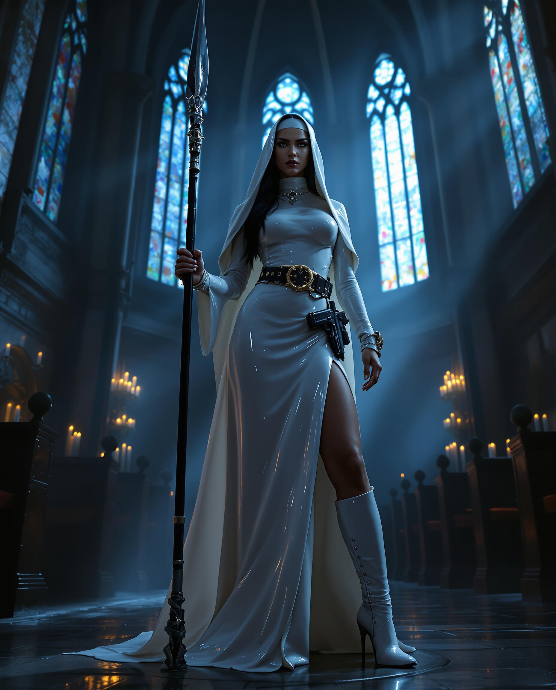 A striking and unconventional scene set in the shadowy depths of a gothic cathedral, illuminated by faint beams of moonlight filtering through towering stained-glass windows. At the center stands a fierce native american nun with black hair escaping from beneath her traditional shiny white latex veil, framing her intense expression. She is clad in a floor-length, shiny white latex nun's habit that clings to her form slit up one long leg, reflecting the dim light with a sleek, polished sheen. Her torso is tightly bound by a matching shiny white latex corset, adorned with thick straps and bold buckles, emphasizing a commanding silhouette. On her feet, she wears imposing 6-inch high-heeled boots, their glossy surface echoing the latex of her attire. Around her waist, a rugged gun belt holds a large, detailed holster, adding a rebellious edge. In one hand, she grips a tall, intricately designed spear, its metallic tip glinting ominously in the low light. The composition focuses on her powerful stance, positioned slightly off-center with the cathedral's ancient stone arches and flickering candlelight in the background, captured from a low angle to enhance her dominance and mystique. The mood is dark and enigmatic, blending sacred and subversive tones, with a cold, ethereal atmosphere accentuated by subtle mist and the deep shadows of midnight. Rendered in a hyper-realistic style with a cinematic quality, emphasizing dramatic chiaroscuro lighting, intricate textures of latex and stone, and a gritty, film-noir-inspired aesthetic.