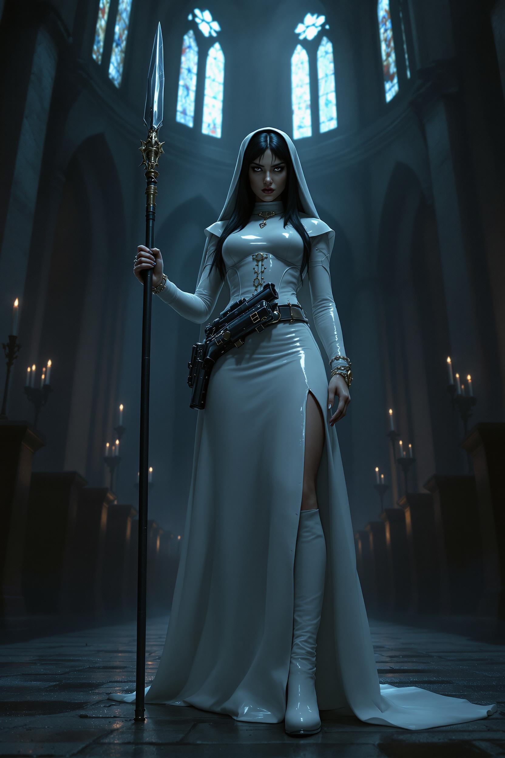 A striking and unconventional scene set in the shadowy depths of a gothic cathedral, illuminated by faint beams of moonlight filtering through towering stained-glass windows. At the center stands a fierce native american nun with black hair, framing her intense expression. She is clad in a floor-length, shiny white latex nun's habit that clings to her form slit up one long leg, reflecting the dim light with a sleek, polished sheen. Her torso is tightly bound by a matching shiny white latex corset, adorned with thick straps and bold buckles, emphasizing a commanding silhouette. On her feet, she wears imposing 6-inch high-heeled boots, their glossy surface echoing the latex of her attire. Around her waist, a rugged gun belt holds a large, detailed holster, adding a rebellious edge. In one hand, she grips a tall, intricately designed spear, its metallic tip glinting ominously in the low light. The composition focuses on her powerful stance, positioned slightly off-center with the cathedral's ancient stone arches and flickering candlelight in the background, captured from a low angle to enhance her dominance and mystique. The mood is dark and enigmatic, blending sacred and subversive tones, with a cold, ethereal atmosphere accentuated by subtle mist and the deep shadows of midnight. Rendered in a hyper-realistic style with a cinematic quality, emphasizing dramatic chiaroscuro lighting, intricate textures of latex and stone, and a gritty, film-noir-inspired aesthetic.