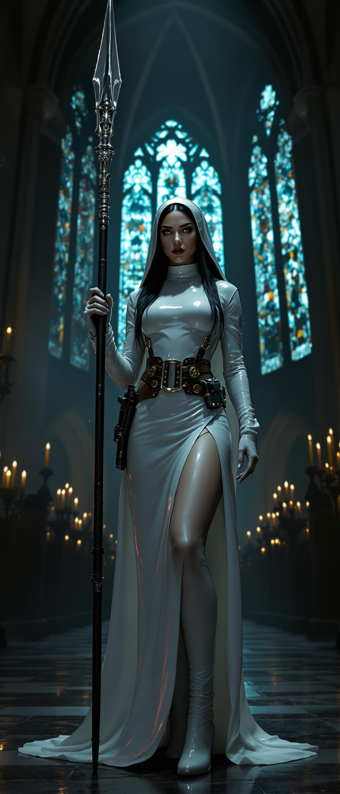 A striking and unconventional scene set in the shadowy depths of a gothic cathedral, illuminated by faint beams of moonlight filtering through towering stained-glass windows. At the center stands a fierce native american nun with black hair, framing her intense expression. She is clad in a floor-length, shiny white latex nun's habit that clings to her form slit up one long leg, reflecting the dim light with a sleek, polished sheen. Her torso is tightly bound by a matching shiny white latex corset, adorned with thick straps and bold buckles, emphasizing a commanding silhouette. On her feet, she wears imposing 6-inch high-heeled boots, their glossy surface echoing the latex of her attire. Around her waist, a rugged gun belt holds a large, detailed holster, adding a rebellious edge. In one hand, she grips a tall, intricately designed spear, its metallic tip glinting ominously in the low light. The composition focuses on her powerful stance, positioned slightly off-center with the cathedral's ancient stone arches and flickering candlelight in the background, captured from a low angle to enhance her dominance and mystique. The mood is dark and enigmatic, blending sacred and subversive tones, with a cold, ethereal atmosphere accentuated by subtle mist and the deep shadows of midnight. Rendered in a hyper-realistic style with a cinematic quality, emphasizing dramatic chiaroscuro lighting, intricate textures of latex and stone, and a gritty, film-noir-inspired aesthetic.