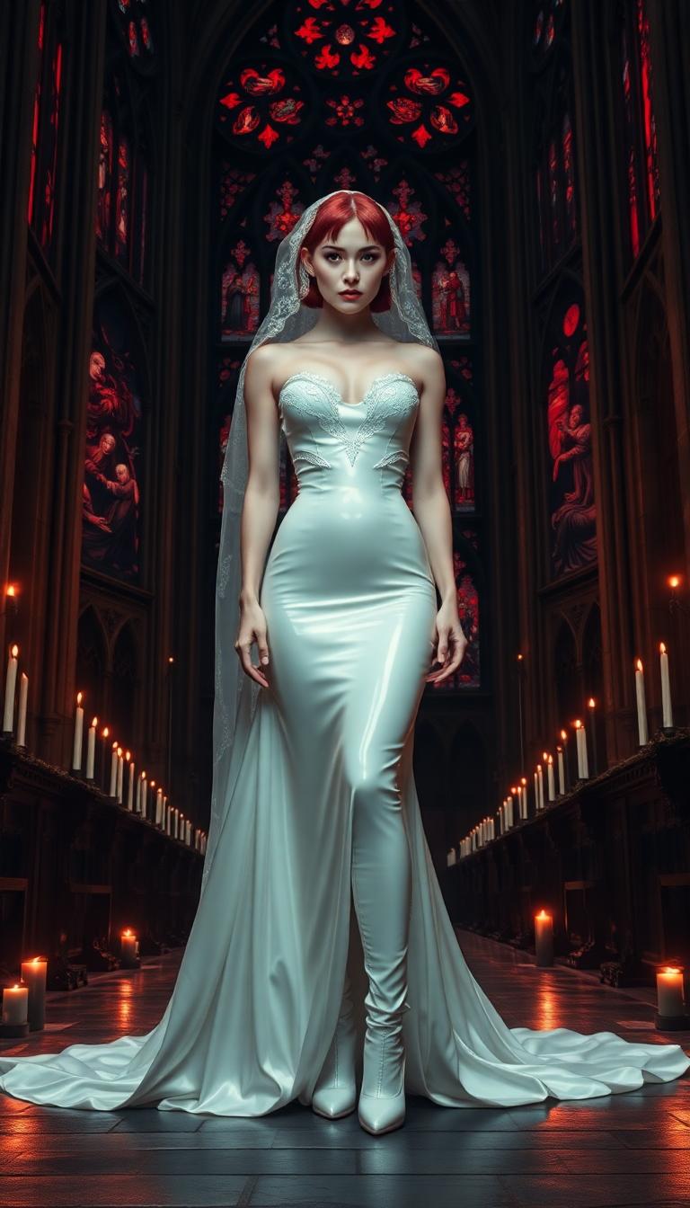A striking and imposing vampire queen, towering and pale-skinned with an ethereal, otherworldly beauty, stands at the altar of a dark, sinister cathedral. Her crimson hair, styled in a sleek, short bob, burns like a flame against her alabaster complexion, framing her sharp, regal features. She wears a shiny white latex wedding gown, form-fitting at the bodice with voluminous, flowing skirts that cascade dramatically to the floor, the material glistening like liquid moonlight under the dim, flickering glow of black candles. Intricate details on the gown catch the light, emphasizing its smooth, reflective texture, while a delicate white lace veil drapes over her face, adding a haunting mystique and partially obscuring her piercing, predatory gaze that seems to penetrate the soul. Her legs are encased in white latex thigh-high boots with 6-inch stiletto heels and bold platform soles, exuding dominance and raw power with every poised step. The gothic cathedral looms ominously around her, its towering arches and intricate stone carvings steeped in shadow, while stained-glass windows depicting macabre scenes in deep reds, purples, and midnight blues cast eerie, fragmented light across the cold, weathered stone floor. The atmosphere is thick with dread, shadows clinging to every corner, the faint scent of incense lingering in the air, evoking a sense of foreboding and dark, forbidden romance. She faces the camera directly, her posture regal and commanding, centrally framed at the altar with the cavernous, malevolent cathedral stretching endlessly into the background, its oppressive darkness swallowing the edges of the scene. Captured in a cinematic dark fantasy style, reminiscent of the works of Brom or H.R. Giger, the image employs dramatic low-key lighting with stark contrasts, highlighting her ghostly pallor and the reflective sheen of her gown against the murky abyss of the cathedral. Shot from a slightly low angle, her towering, intimidating presence is amplified, as if she reigns over both the living and the damned, the scene bathed in a moody, nocturnal ambiance with a subtle mist curling at her feet, enhancing the otherworldly, chilling allure of this undead monarch.