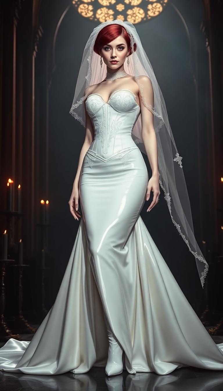 A striking and imposing vampire queen, towering and pale-skinned with an ethereal, otherworldly beauty, stands at the altar of a dark, sinister cathedral. Her crimson hair, styled in a sleek, short bob, burns like a flame against her alabaster complexion, framing her sharp, regal features. She wears a shiny white latex wedding gown, form-fitting at the bodice with tightly cinched white latex corset, voluminous, flowing skirts that cascade dramatically to the floor, the material glistening like liquid moonlight under the dim, flickering glow of black candles. Intricate details on the gown catch the light, emphasizing its smooth, reflective texture, while a delicate white lace veil drapes over her face, adding a haunting mystique and partially obscuring her piercing, predatory gaze that seems to penetrate the soul. Her legs are encased in white latex thigh-high ballet boots with 6-inch stiletto heels and bold platform soles, exuding dominance and raw power with every poised step. The gothic cathedral looms ominously around her, its towering arches and intricate stone carvings steeped in shadow, while stained-glass windows depicting macabre scenes in deep reds, purples, and midnight blues cast eerie, fragmented light across the cold, weathered stone floor. The atmosphere is thick with dread, shadows clinging to every corner, the faint scent of incense lingering in the air, evoking a sense of foreboding and dark, forbidden romance. She faces the camera directly, her posture regal and commanding, centrally framed at the altar with the cavernous, malevolent cathedral stretching endlessly into the background, its oppressive darkness swallowing the edges of the scene. Captured in a cinematic dark fantasy style, reminiscent of the works of Brom or H.R. Giger, the image employs dramatic low-key lighting with stark contrasts, highlighting her ghostly pallor and the reflective sheen of her gown against the murky abyss of the cathedral. Shot from a slightly low angle, her towering, intimidating presence is amplified, as if she reigns over both the living and the damned, the scene bathed in a moody, nocturnal ambiance with a subtle mist curling at her feet, enhancing the otherworldly, chilling allure of this undead monarch.
