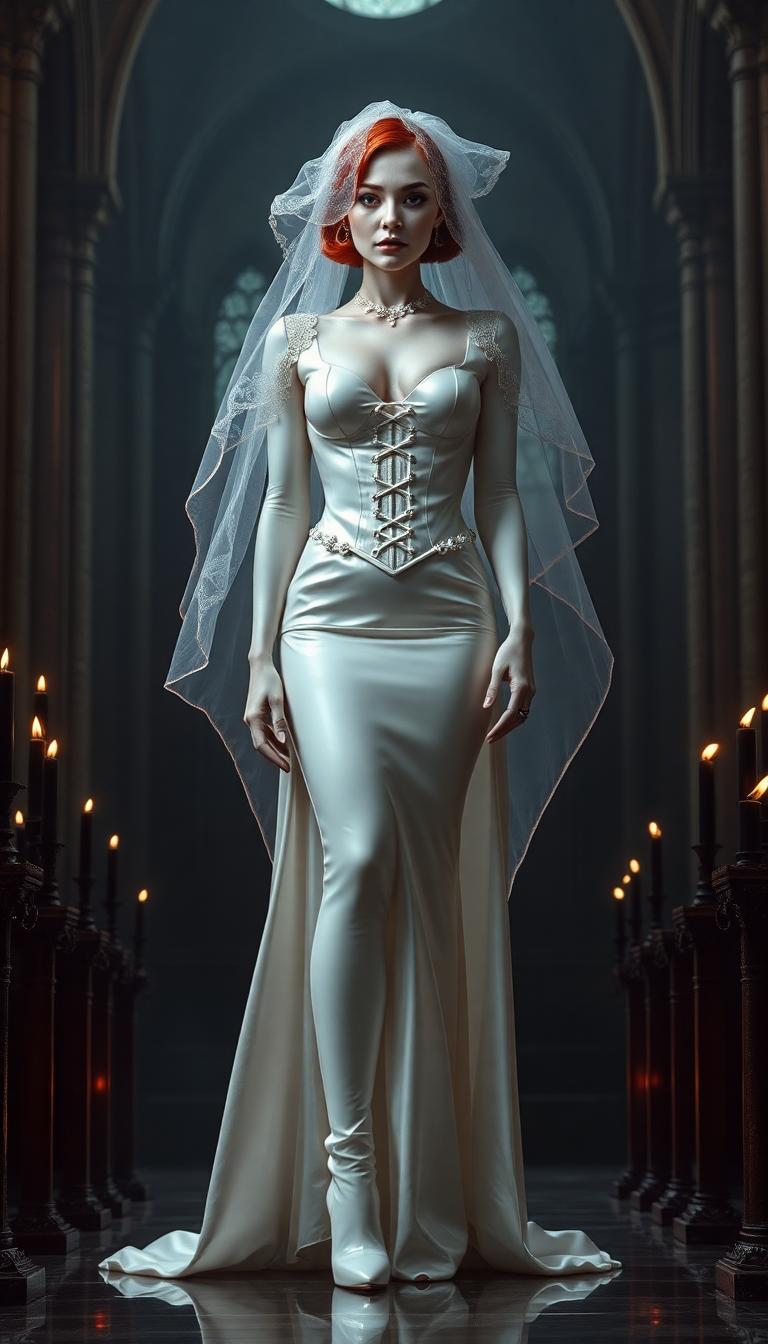 A striking and imposing vampire queen, towering and pale-skinned with an ethereal, otherworldly beauty, stands at the altar of a dark, sinister cathedral. Her crimson hair, styled in a sleek, short bob, burns like a flame against her alabaster complexion, framing her sharp, regal features. She wears a shiny white latex wedding gown, form-fitting at the bodice with a tightly cinched white latex corset decorated by thick straps, voluminous, flowing skirts that cascade dramatically to the floor, the material glistening like liquid moonlight under the dim, flickering glow of black candles. Intricate details on the gown catch the light, emphasizing its smooth, reflective texture, while a delicate white lace veil drapes over her face, adding a haunting mystique and partially obscuring her piercing, predatory gaze that seems to penetrate the soul. Her legs are encased in white latex thigh-high ballet boots with 6-inch stiletto heels and bold platform soles, exuding dominance and raw power with every poised step. The gothic cathedral looms ominously around her, its towering arches and intricate stone carvings steeped in shadow, while stained-glass windows depicting macabre scenes in deep reds, purples, and midnight blues cast eerie, fragmented light across the cold, weathered stone floor. The atmosphere is thick with dread, shadows clinging to every corner, the faint scent of incense lingering in the air, evoking a sense of foreboding and dark, forbidden romance. She faces the camera directly, her posture regal and commanding, centrally framed at the altar with the cavernous, malevolent cathedral stretching endlessly into the background, its oppressive darkness swallowing the edges of the scene. Captured in a cinematic dark fantasy style, reminiscent of the works of Brom or H.R. Giger, the image employs dramatic low-key lighting with stark contrasts, highlighting her ghostly pallor and the reflective sheen of her gown against the murky abyss of the cathedral. Shot from a slightly low angle, her towering, intimidating presence is amplified, as if she reigns over both the living and the damned, the scene bathed in a moody, nocturnal ambiance with a subtle mist curling at her feet, enhancing the otherworldly, chilling allure of this undead monarch.