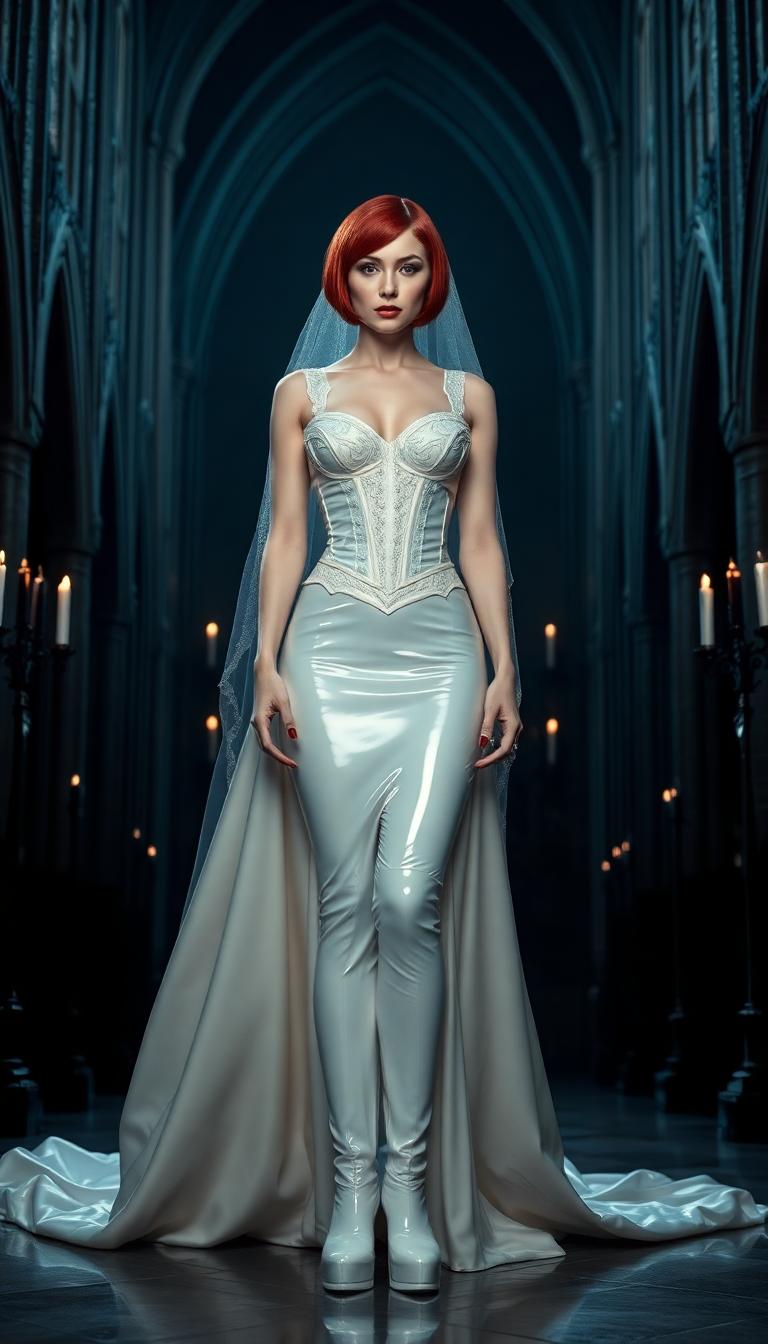A striking and imposing vampire queen, towering and pale-skinned with an ethereal, otherworldly beauty, stands at the altar of a dark, sinister cathedral. Her crimson hair, styled in a sleek, short bob, burns like a flame against her alabaster complexion, framing her sharp, regal features. She wears a shiny white latex wedding gown, form-fitting at the bodice with a tightly cinched white latex corset decorated by thick straps, voluminous, flowing skirts that cascade dramatically to the floor, the material glistening like liquid moonlight under the dim, flickering glow of black candles. Intricate details on the gown catch the light, emphasizing its smooth, reflective texture, while a delicate white lace veil drapes over her face, adding a haunting mystique and partially obscuring her piercing, predatory gaze that seems to penetrate the soul. Her legs are encased in white latex thigh-high ballet boots with 6-inch stiletto heels and bold platform soles, exuding dominance and raw power with every poised step. The gothic cathedral looms ominously around her, its towering arches and intricate stone carvings steeped in shadow, while stained-glass windows depicting macabre scenes in deep reds, purples, and midnight blues cast eerie, fragmented light across the cold, weathered stone floor. The atmosphere is thick with dread, shadows clinging to every corner, the faint scent of incense lingering in the air, evoking a sense of foreboding and dark, forbidden romance. She faces the camera directly, her posture regal and commanding, centrally framed at the altar with the cavernous, malevolent cathedral stretching endlessly into the background, its oppressive darkness swallowing the edges of the scene. Captured in a cinematic dark fantasy style, reminiscent of the works of Brom or H.R. Giger, the image employs dramatic low-key lighting with stark contrasts, highlighting her ghostly pallor and the reflective sheen of her gown against the murky abyss of the cathedral. Shot from a slightly low angle, her towering, intimidating presence is amplified, as if she reigns over both the living and the damned, the scene bathed in a moody, nocturnal ambiance with a subtle mist curling at her feet, enhancing the otherworldly, chilling allure of this undead monarch.