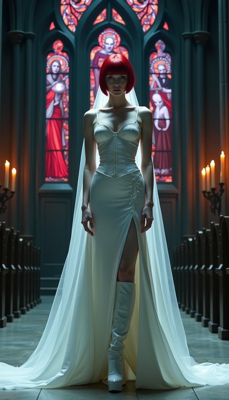 A formidable vampire queen, towering and pale-skinned with an ethereal, otherworldly beauty, stands commandingly at the altar of a dark, sinister gothic cathedral. Her crimson hair, styled in a sleek, short bob, blazes like a fiery halo against her alabaster complexion, accentuating her sharp, regal features and piercing, predatory gaze that seems to pierce through the soul. She is adorned in a striking white latex wedding gown, the bodice form-fitting with a tightly cinched corset adorned with bold, thick straps, while voluminous skirts cascade dramatically to the floor, the material glistening like liquid moonlight under the dim, flickering glow of black candles. The gown's intricate details and smooth, reflective texture catch the sparse light, creating a mesmerizing sheen, complemented by a delicate white lace veil that drapes hauntingly over her face, adding an air of mystique. Her legs are encased in white latex thigh-high ballet boots with 6-inch stiletto heels and imposing platform soles, exuding dominance and raw power in her poised stance. Surrounding her, the gothic cathedral looms with oppressive grandeur, its towering arches and intricate stone carvings shrouded in deep shadow, while stained-glass windows of macabre scenes in rich reds, purples, and midnight blues cast fragmented, eerie light across the cold, weathered stone floor. The atmosphere is thick with dread, shadows clinging to every corner, a faint trace of incense lingering in the air, evoking a sense of foreboding and dark, forbidden romance. She faces the viewer directly, centrally framed at the altar, her regal and commanding posture dominating the composition as the cavernous, malevolent cathedral stretches endlessly into the background, its oppressive darkness swallowing the edges of the scene. Rendered in a cinematic dark fantasy style inspired by the haunting works of Brom and H.R. Giger, the image employs dramatic low-key lighting with stark contrasts, accentuating her ghostly pallor and the reflective sheen of her gown against the murky abyss of the cathedral. Captured from a slightly low angle to amplify her towering, intimidating presence, she reigns as an undead monarch over both the living and the damned. The scene is bathed in a moody, nocturnal ambiance, with a subtle mist curling at her feet, enhancing the chilling, otherworldly allure of this spectral sovereign.