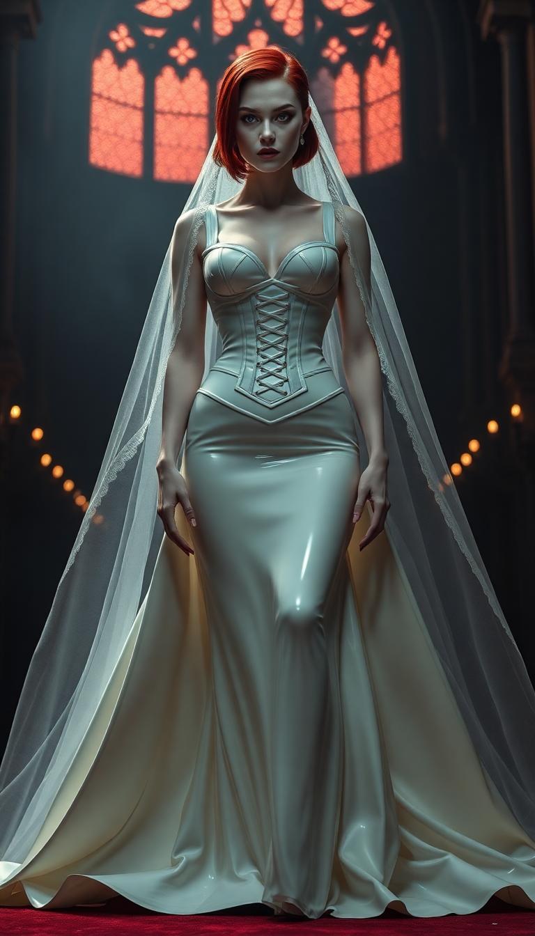 A formidable vampire queen, towering and pale-skinned with an ethereal, otherworldly beauty, stands commandingly at the altar of a dark, sinister gothic cathedral. Her crimson hair, styled in a sleek, short bob, blazes like a fiery halo against her alabaster complexion, accentuating her sharp, regal features and piercing, predatory gaze that seems to pierce through the soul. She is adorned in a striking white latex wedding gown, the bodice form-fitting with a tightly cinched corset adorned with bold, thick straps, while voluminous skirts cascade dramatically to the floor, the material glistening like liquid moonlight under the dim, flickering glow of black candles. The gown's intricate details and smooth, reflective texture catch the sparse light, creating a mesmerizing sheen, complemented by a delicate white lace veil that drapes hauntingly over her face, adding an air of mystique. Her legs are encased in white latex thigh-high ballet boots with 6-inch stiletto heels and imposing platform soles, exuding dominance and raw power in her poised stance. Surrounding her, the gothic cathedral looms with oppressive grandeur, its towering arches and intricate stone carvings shrouded in deep shadow, while stained-glass windows of macabre scenes in rich reds, purples, and midnight blues cast fragmented, eerie light across the cold, weathered stone floor. The atmosphere is thick with dread, shadows clinging to every corner, a faint trace of incense lingering in the air, evoking a sense of foreboding and dark, forbidden romance. She faces the viewer directly, centrally framed at the altar, her regal and commanding posture dominating the composition as the cavernous, malevolent cathedral stretches endlessly into the background, its oppressive darkness swallowing the edges of the scene. Rendered in a cinematic dark fantasy style inspired by the haunting works of Brom and H.R. Giger, the image employs dramatic low-key lighting with stark contrasts, accentuating her ghostly pallor and the reflective sheen of her gown against the murky abyss of the cathedral. Captured from a slightly low angle to amplify her towering, intimidating presence, she reigns as an undead monarch over both the living and the damned. The scene is bathed in a moody, nocturnal ambiance, with a subtle mist curling at her feet, enhancing the chilling, otherworldly allure of this spectral sovereign. Around her is her black dressed coven of beautiful vampire women 