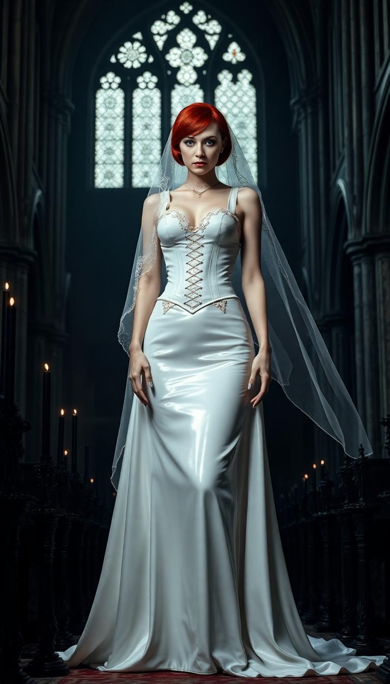 A formidable vampire queen, towering and pale-skinned with an ethereal, otherworldly beauty, stands commandingly at the altar of a dark, sinister gothic cathedral. Her crimson hair, styled in a sleek, short bob, blazes like a fiery halo against her alabaster complexion, accentuating her sharp, regal features and piercing, predatory crimson eyes that seem to pierce through the soul. She is adorned in a striking white latex wedding gown, the form-fitting bodice with a tightly cinched corset featuring bold, thick straps, while voluminous skirts cascade dramatically to the floor, the material glistening like liquid moonlight under the dim, flickering glow of black candles. The gown's intricate details and smooth, reflective texture catch the sparse light, creating a mesmerizing sheen, complemented by a delicate white lace veil that drapes hauntingly over her face, adding an air of mystique. Her legs are encased in white latex thigh-high ballet boots with 6-inch stiletto heels and imposing platform soles, exuding dominance and raw power in her poised, statuesque stance. Surrounding her, a coven of beautiful vampire women in sleek, form-fitting black dresses with high slits and plunging necklines stand in reverent poses, their pale skin and dark, hollow eyes mirroring their queen's undead elegance, their presence adding a chilling sense of unity and menace. The gothic cathedral looms with oppressive grandeur, its towering arches and intricate stone carvings shrouded in deep shadow, while stained-glass windows depicting macabre scenes in rich reds, purples, and midnight blues cast fragmented, eerie light across the cold, weathered stone floor. The atmosphere is thick with dread, shadows clinging to every corner, a faint trace of incense lingering in the air, evoking a sense of foreboding and dark, forbidden romance. The queen faces the viewer directly, centrally framed at the altar, her regal and commanding posture dominating the composition as the cavernous, malevolent cathedral stretches endlessly into the background, its oppressive darkness swallowing the edges of the scene. Rendered in a cinematic dark fantasy style inspired by the haunting works of Brom and H.R. Giger, the image employs dramatic low-key lighting with stark contrasts, accentuating her ghostly pallor, the reflective sheen of her gown, and the sinister beauty of her coven against the murky abyss of the cathedral. Captured from a slightly low angle to amplify her towering, intimidating presence, she reigns as an undead monarch over both the living and the damned. The scene is bathed in a moody, nocturnal ambiance, with a subtle mist curling at her feet and around her