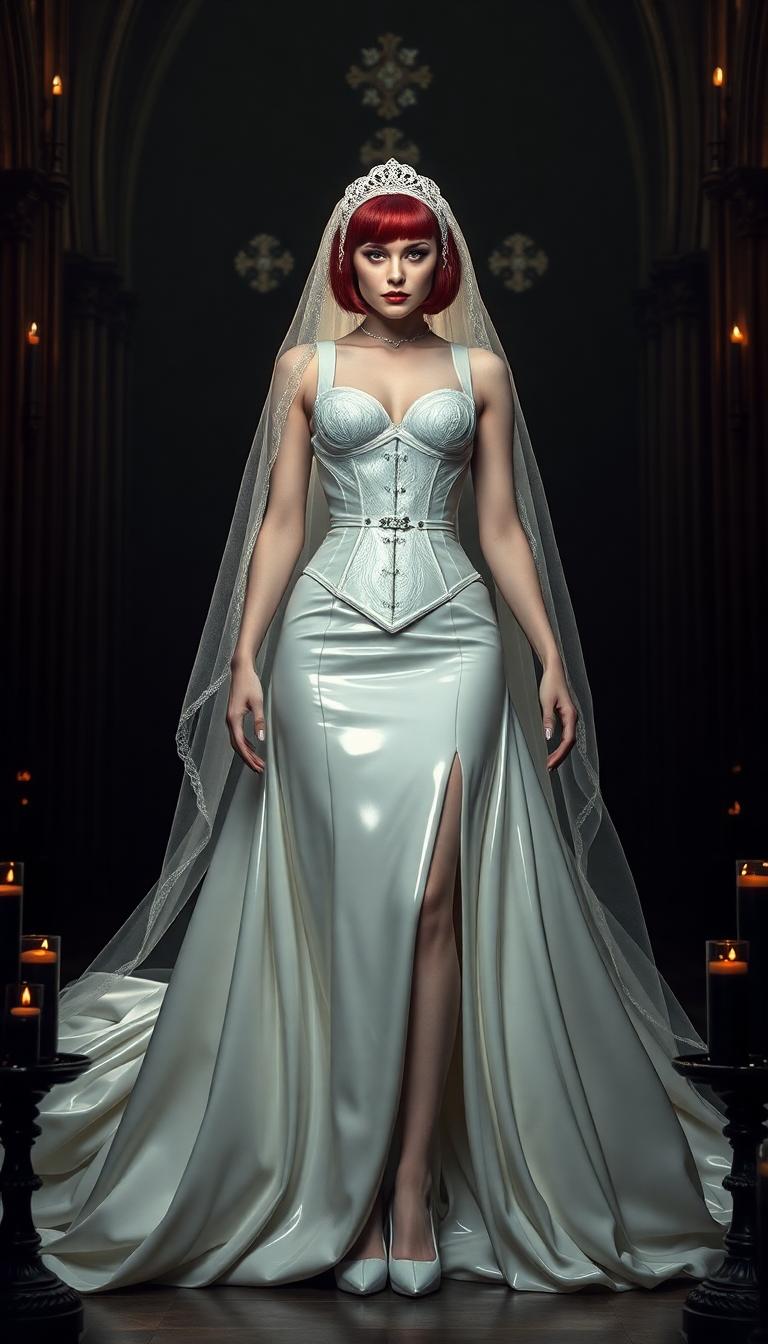 A formidable vampire queen, towering and pale-skinned with an ethereal, otherworldly beauty, stands commandingly at the altar of a dark, sinister gothic cathedral. Her crimson hair, styled in a sleek, short bob, blazes like a fiery halo against her alabaster complexion, accentuating her sharp, regal features and piercing, predatory crimson eyes that seem to pierce through the soul. She is adorned in a striking white latex wedding gown, the form-fitting bodice with a tightly cinched corset featuring bold, thick straps, while voluminous skirts cascade dramatically to the floor, the material glistening like liquid moonlight under the dim, flickering glow of black candles. The gown's intricate details and smooth, reflective texture catch the sparse light, creating a mesmerizing sheen, complemented by a delicate white lace veil that drapes hauntingly over her face, adding an air of mystique. Her legs are encased in white latex thigh-high ballet boots with 6-inch stiletto heels and imposing platform soles, exuding dominance and raw power in her poised, statuesque stance. Surrounding her, a coven of beautiful vampire women in sleek, form-fitting black dresses with high slits and plunging necklines stand in reverent poses, their pale skin and dark, hollow eyes mirroring their queen's undead elegance, their presence adding a chilling sense of unity and menace. The gothic cathedral looms with oppressive grandeur, its towering arches and intricate stone carvings shrouded in deep shadow, while stained-glass windows depicting macabre scenes in rich reds, purples, and midnight blues cast fragmented, eerie light across the cold, weathered stone floor. The atmosphere is thick with dread, shadows clinging to every corner, a faint trace of incense lingering in the air, evoking a sense of foreboding and dark, forbidden romance. The queen faces the viewer directly, centrally framed at the altar, her regal and commanding posture dominating the composition as the cavernous, malevolent cathedral stretches endlessly into the background, its oppressive darkness swallowing the edges of the scene. Rendered in a cinematic dark fantasy style inspired by the haunting works of Brom and H.R. Giger, the image employs dramatic low-key lighting with stark contrasts, accentuating her ghostly pallor, the reflective sheen of her gown, and the sinister beauty of her coven against the murky abyss of the cathedral. Captured from a slightly low angle to amplify her towering, intimidating presence, she reigns as an undead monarch over both the living and the damned. The scene is bathed in a moody, nocturnal ambiance, with a subtle mist curling at her feet and around her