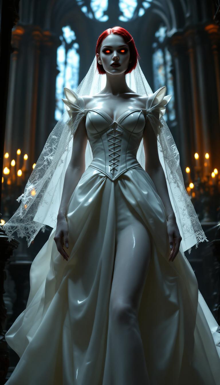 A formidable vampire queen, towering and pale-skinned with an ethereal, otherworldly beauty, stands commandingly at the altar of a dark, sinister gothic cathedral. Her crimson hair, styled in a sleek, short bob, blazes like a fiery halo against her alabaster complexion, accentuating her sharp, regal features and piercing, predatory crimson eyes that seem to pierce through the soul. She is adorned in a striking white latex wedding gown, the form-fitting bodice with a tightly cinched corset featuring bold, thick straps, while voluminous skirts cascade dramatically to the floor, the material glistening like liquid moonlight under the dim, flickering glow of black candles. The gown's intricate details and smooth, reflective texture catch the sparse light, creating a mesmerizing sheen, complemented by a delicate white lace veil that drapes hauntingly over her face, adding an air of mystique. Her legs are encased in white latex thigh-high ballet boots with 6-inch stiletto heels and imposing platform soles, exuding dominance and raw power in her poised, statuesque stance. Surrounding her, a coven of beautiful vampire women in sleek, form-fitting black dresses with high slits and plunging necklines stand in reverent poses, their pale skin and dark, hollow eyes mirroring their queen's undead elegance, their presence adding a chilling sense of unity and menace. The gothic cathedral looms with oppressive grandeur, its towering arches and intricate stone carvings shrouded in deep shadow, while stained-glass windows depicting macabre scenes in rich reds, purples, and midnight blues cast fragmented, eerie light across the cold, weathered stone floor. The atmosphere is thick with dread, shadows clinging to every corner, a faint trace of incense lingering in the air, evoking a sense of foreboding and dark, forbidden romance. The queen faces the viewer directly, centrally framed at the altar, her regal and commanding posture dominating the composition as the cavernous, malevolent cathedral stretches endlessly into the background, its oppressive darkness swallowing the edges of the scene. Rendered in a cinematic dark fantasy style inspired by the haunting works of Brom and H.R. Giger, the image employs dramatic low-key lighting with stark contrasts, accentuating her ghostly pallor, the reflective sheen of her gown, and the sinister beauty of her coven against the murky abyss of the cathedral. Captured from a slightly low angle to amplify her towering, intimidating presence, she reigns as an undead monarch over both the living and the damned. The scene is bathed in a moody, nocturnal ambiance, with a subtle mist curling at her feet and around her