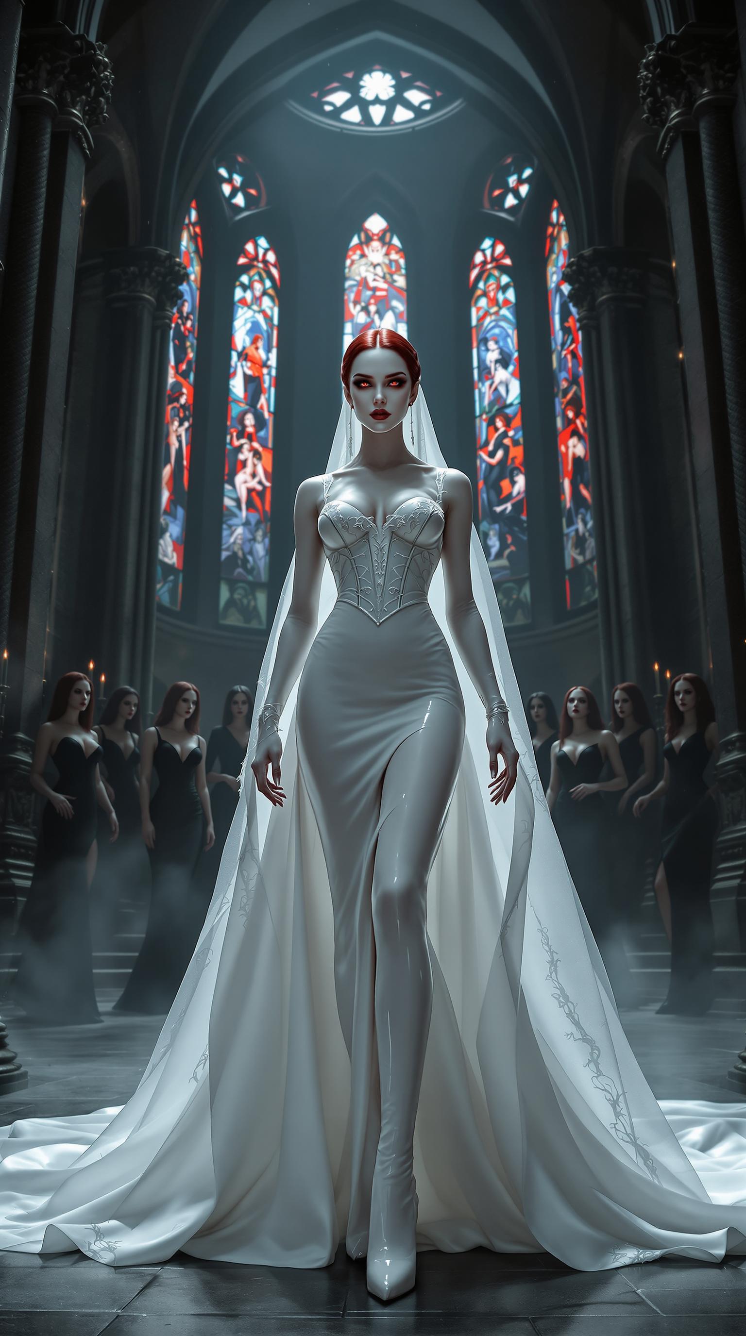 A formidable vampire queen, towering and pale-skinned with an ethereal, otherworldly beauty, stands commandingly at the altar of a dark, sinister gothic cathedral. Her crimson hair, styled in a sleek, short bob, blazes like a fiery halo against her alabaster complexion, accentuating her sharp, regal features and piercing, predatory crimson eyes that seem to pierce through the soul. She is adorned in a striking white latex wedding gown, the form-fitting bodice with a tightly cinched corset featuring bold, thick straps, while voluminous skirts cascade dramatically to the floor, the material glistening like liquid moonlight under the dim, flickering glow of black candles. The gown's intricate details and smooth, reflective texture catch the sparse light, creating a mesmerizing sheen, complemented by a delicate white lace veil that drapes hauntingly over her face, adding an air of mystique. Her legs are encased in white latex thigh-high ballet boots with 6-inch stiletto heels and imposing platform soles, exuding dominance and raw power in her poised, statuesque stance. Surrounding her, a coven of beautiful vampire women in sleek, form-fitting black dresses with high slits and plunging necklines stand in reverent poses, their pale skin and dark, hollow eyes mirroring their queen's undead elegance, their presence adding a chilling sense of unity and menace. The gothic cathedral looms with oppressive grandeur, its towering arches and intricate stone carvings shrouded in deep shadow, while stained-glass windows depicting macabre scenes in rich reds, purples, and midnight blues cast fragmented, eerie light across the cold, weathered stone floor. The atmosphere is thick with dread, shadows clinging to every corner, a faint trace of incense lingering in the air, evoking a sense of foreboding and dark, forbidden romance. The queen faces the viewer directly, centrally framed at the altar, her regal and commanding posture dominating the composition as the cavernous, malevolent cathedral stretches endlessly into the background, its oppressive darkness swallowing the edges of the scene. Rendered in a cinematic dark fantasy style inspired by the haunting works of Brom and H.R. Giger, the image employs dramatic low-key lighting with stark contrasts, accentuating her ghostly pallor, the reflective sheen of her gown, and the sinister beauty of her coven against the murky abyss of the cathedral. Captured from a slightly low angle to amplify her towering, intimidating presence, she reigns as an undead monarch over both the living and the damned. The scene is bathed in a moody, nocturnal ambiance, with a subtle mist curling at her feet and around her