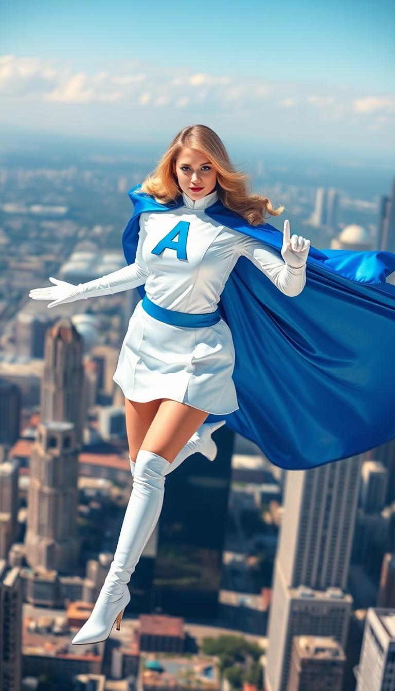 Petite blonde woman, early 20s. Shiny White latex uniform, long sleeve and pleated micro mini skirt. A cerulean blue A on her chest. White gloves. Shiny blue latex cape billowing out behind her. Shiny white latex high heel boots. Hovering in flight above Chicago