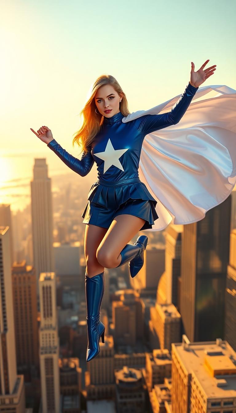 A petite blonde woman in her late teens, hovering gracefully in mid-flight above the iconic skyline of Chicago during golden hour. She wears a striking, shiny blue latex uniform with long sleeves and a pleated micro mini skirt that catches the light with a glossy, reflective sheen. A bold, elongated white star emblem adorns her chest, standing out as a symbol of heroism. A shiny white latex cape billows dramatically behind her, rippling in the wind with a smooth, liquid-like texture. Her shiny blue latex high-heel boots gleam with a polished finish, emphasizing her dynamic pose. The camera angle is slightly low, looking up at her to accentuate her powerful, commanding presence against the backdrop of towering skyscrapers and the shimmering Lake Michigan in the distance. The scene is bathed in warm, golden sunlight with soft lens flares, creating a cinematic and heroic atmosphere. The style is hyper-realistic digital art with a focus on detailed textures, vibrant colors, and dramatic lighting, inspired by modern comic book illustrations. The composition centers her as the focal point, with the sprawling urban landscape below adding depth and scale, while faint clouds and a clear sky enhance the sense of altitude and freedom.