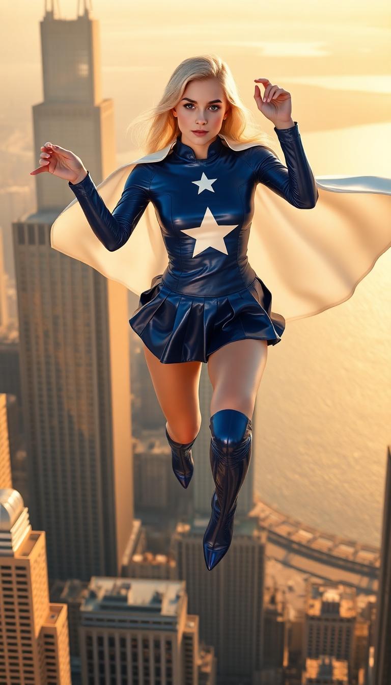 A petite blonde woman in her late teens, hovering gracefully in mid-flight above the iconic skyline of Chicago during golden hour. She wears a striking, shiny blue latex uniform with long sleeves and a pleated micro mini skirt that catches the light with a glossy, reflective sheen. A bold, elongated white star emblem adorns her chest, standing out as a symbol of heroism. A shiny white latex cape billows dramatically behind her, rippling in the wind with a smooth, liquid-like texture. Her shiny blue latex high-heel boots gleam with a polished finish, emphasizing her dynamic pose. The camera angle is slightly low, looking up at her to accentuate her powerful, commanding presence against the backdrop of towering skyscrapers and the shimmering Lake Michigan in the distance. The scene is bathed in warm, golden sunlight with soft lens flares, creating a cinematic and heroic atmosphere. The style is hyper-realistic digital art with a focus on detailed textures, vibrant colors, and dramatic lighting, inspired by modern comic book illustrations. The composition centers her as the focal point, with the sprawling urban landscape below adding depth and scale, while faint clouds and a clear sky enhance the sense of altitude and freedom.