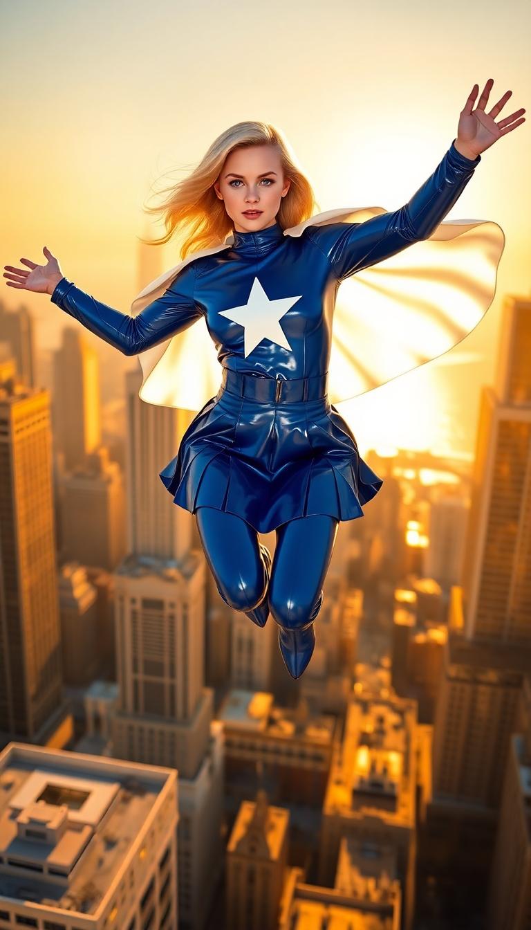 A petite blonde woman in her late teens, hovering gracefully in mid-flight above the iconic skyline of Chicago during golden hour. She wears a striking, shiny blue latex uniform with long sleeves and a pleated micro mini skirt that catches the light with a glossy, reflective sheen. A bold, elongated white star emblem adorns her chest, standing out as a symbol of heroism. A shiny white latex cape billows dramatically behind her, rippling in the wind with a smooth, liquid-like texture. Her shiny blue latex high-heel boots gleam with a polished finish, emphasizing her dynamic pose. The camera angle is slightly low, looking up at her to accentuate her powerful, commanding presence against the backdrop of towering skyscrapers and the shimmering Lake Michigan in the distance. The scene is bathed in warm, golden sunlight with soft lens flares, creating a cinematic and heroic atmosphere. The style is hyper-realistic digital art with a focus on detailed textures, vibrant colors, and dramatic lighting, inspired by modern comic book illustrations. The composition centers her as the focal point, with the sprawling urban landscape below adding depth and scale, while faint clouds and a clear sky enhance the sense of altitude and freedom.