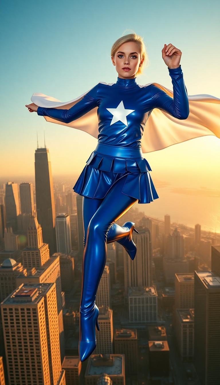 A petite blonde woman in her late teens, hovering gracefully in mid-flight above the iconic skyline of Chicago during golden hour. She wears a striking, shiny blue latex uniform with long sleeves and a pleated micro mini skirt that catches the light with a glossy, reflective sheen. A bold, elongated white star emblem adorns her chest, standing out as a symbol of heroism. A shiny white latex cape billows dramatically behind her, rippling in the wind with a smooth, liquid-like texture. Her shiny blue latex high-heel boots gleam with a polished finish, emphasizing her dynamic pose. The camera angle is slightly low, looking up at her to accentuate her powerful, commanding presence against the backdrop of towering skyscrapers and the shimmering Lake Michigan in the distance. The scene is bathed in warm, golden sunlight with soft lens flares, creating a cinematic and heroic atmosphere. The style is hyper-realistic digital art with a focus on detailed textures, vibrant colors, and dramatic lighting, inspired by modern comic book illustrations. The composition centers her as the focal point, with the sprawling urban landscape below adding depth and scale, while faint clouds and a clear sky enhance the sense of altitude and freedom.