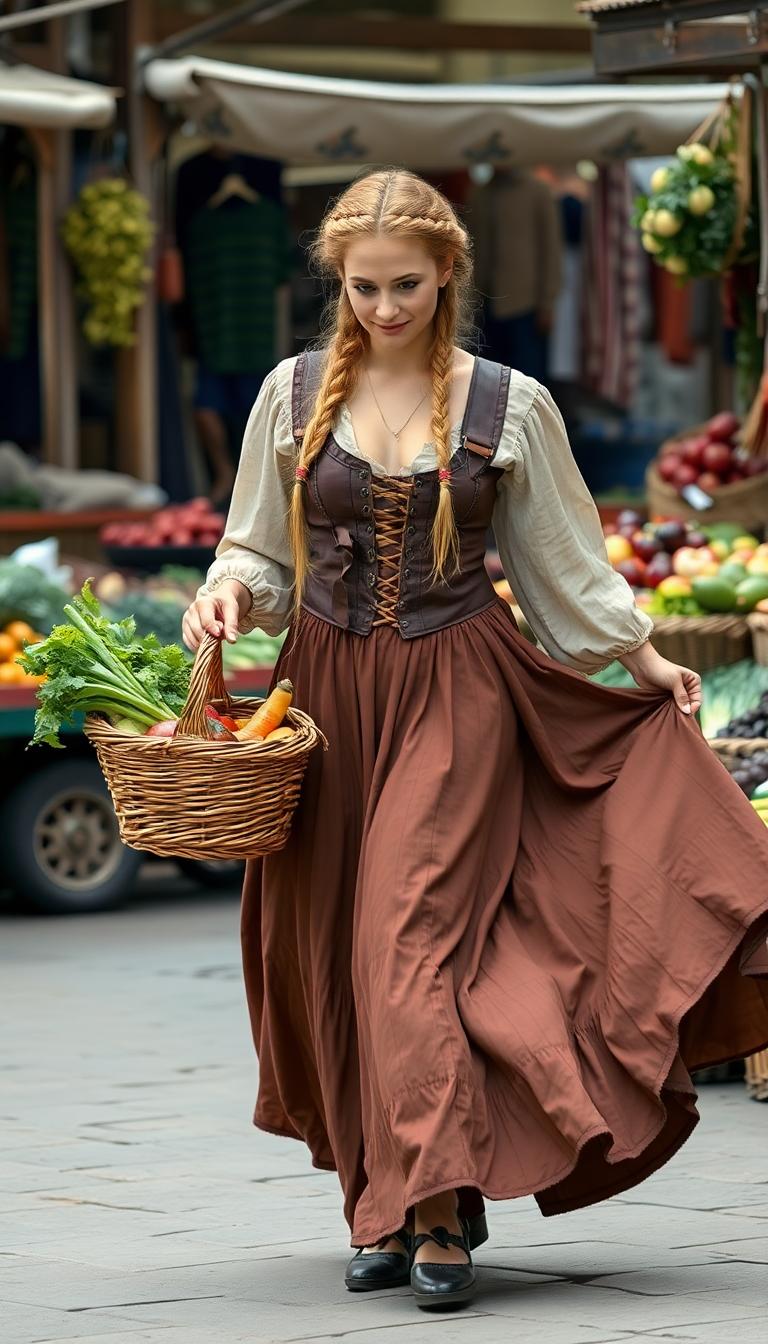 Swirling full brown peasant skirts, brown leather corset, long thick plait of braided blond hair. Holding a wicker basket full of vegetables in a marketplace
