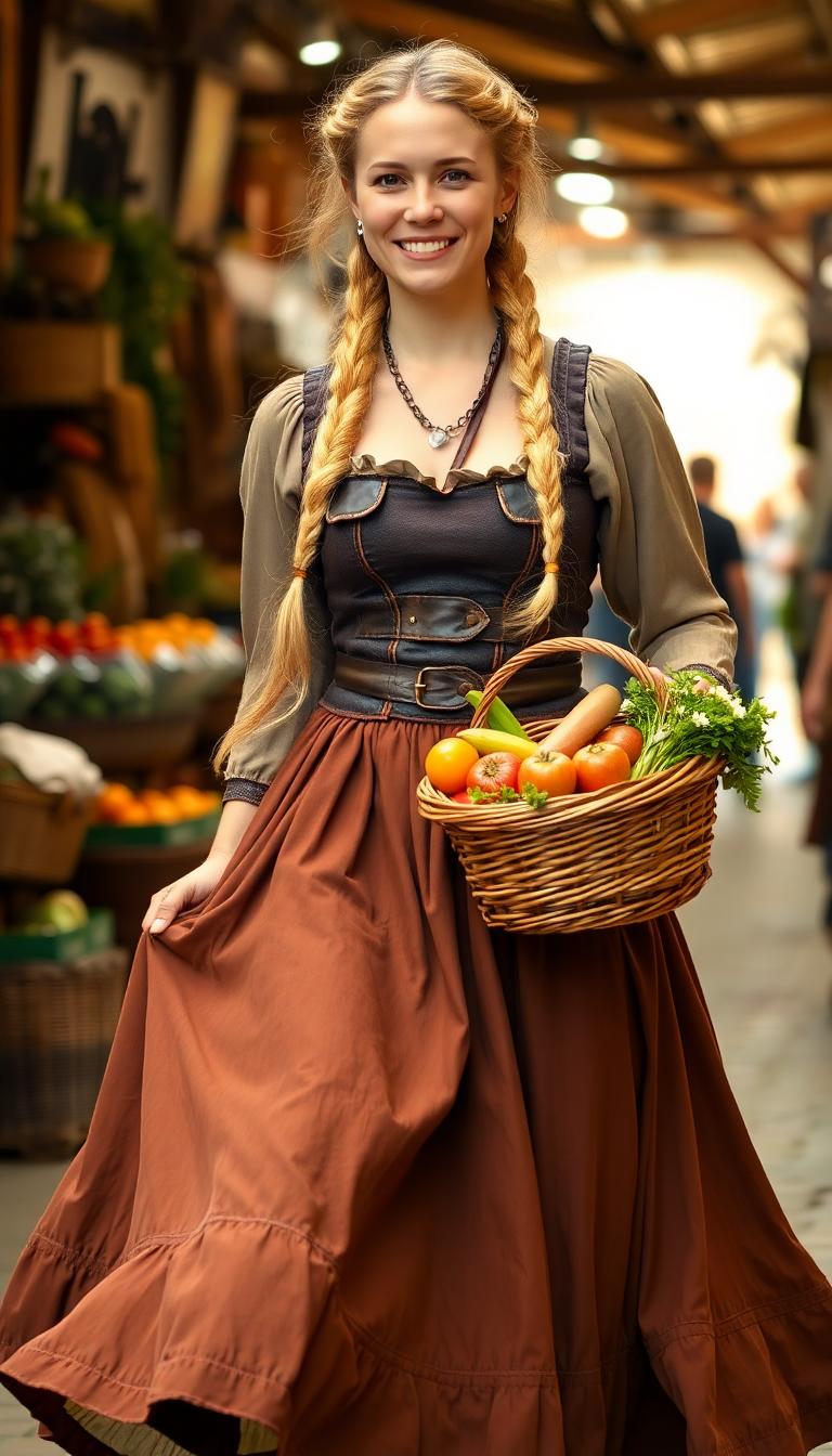 Swirling full brown peasant skirts, brown leather corset, long thick plait of braided blond hair. Holding a wicker basket full of vegetables in medieval marketplace. Smiling cheerfully