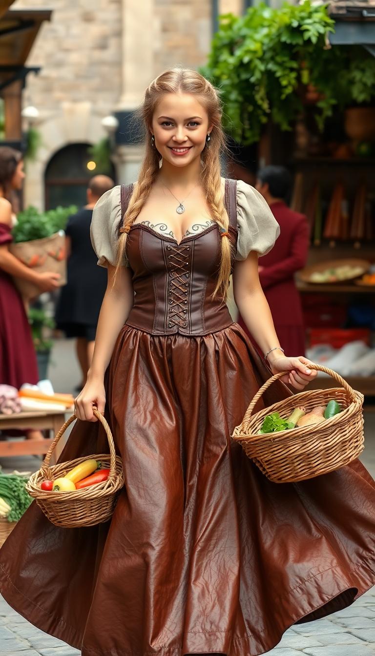 Swirling full shiny brown leather peasant skirts, shiny brown leather corset, long thick plait of braided blond hair. Holding a wicker basket full of vegetables in medieval marketplace. Smiling cheerfully