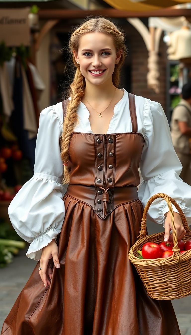 White silk blouse with puffy sleeves, Swirling full shiny brown leather peasant skirts, shiny brown leather corset, long thick plait of braided blond hair. Holding a wicker basket full of vegetables in medieval marketplace. Smiling cheerfully