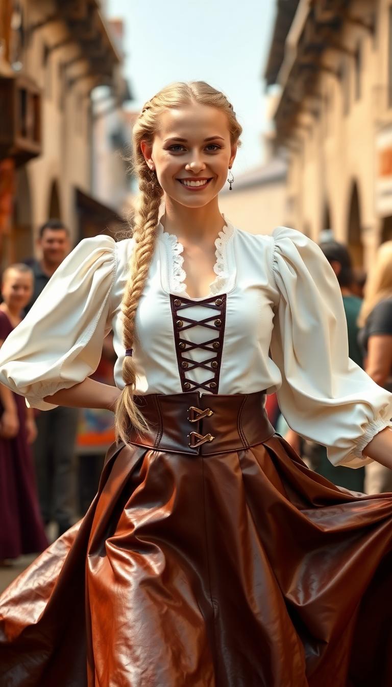 Shiny White latex blouse with puffy sleeves, Swirling full shiny black leather peasant skirts, shiny black leather corset, long thick plait of braided white blond hair. in medieval marketplace. 