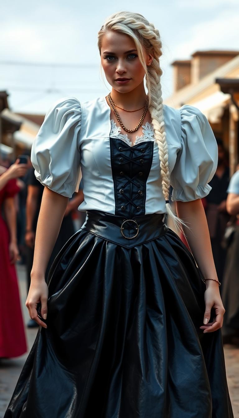 Shiny White latex blouse with puffy sleeves, Swirling full shiny black leather peasant skirts, shiny black leather corset, long thick plait of braided white blond hair. in medieval marketplace. 