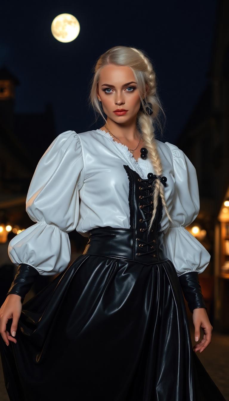 Shiny White latex blouse with puffy sleeves, Swirling full shiny black leather tight skirts, shiny black leather corset, long thick plait of braided white blond hair. At night in moonlit medieval marketplace. 