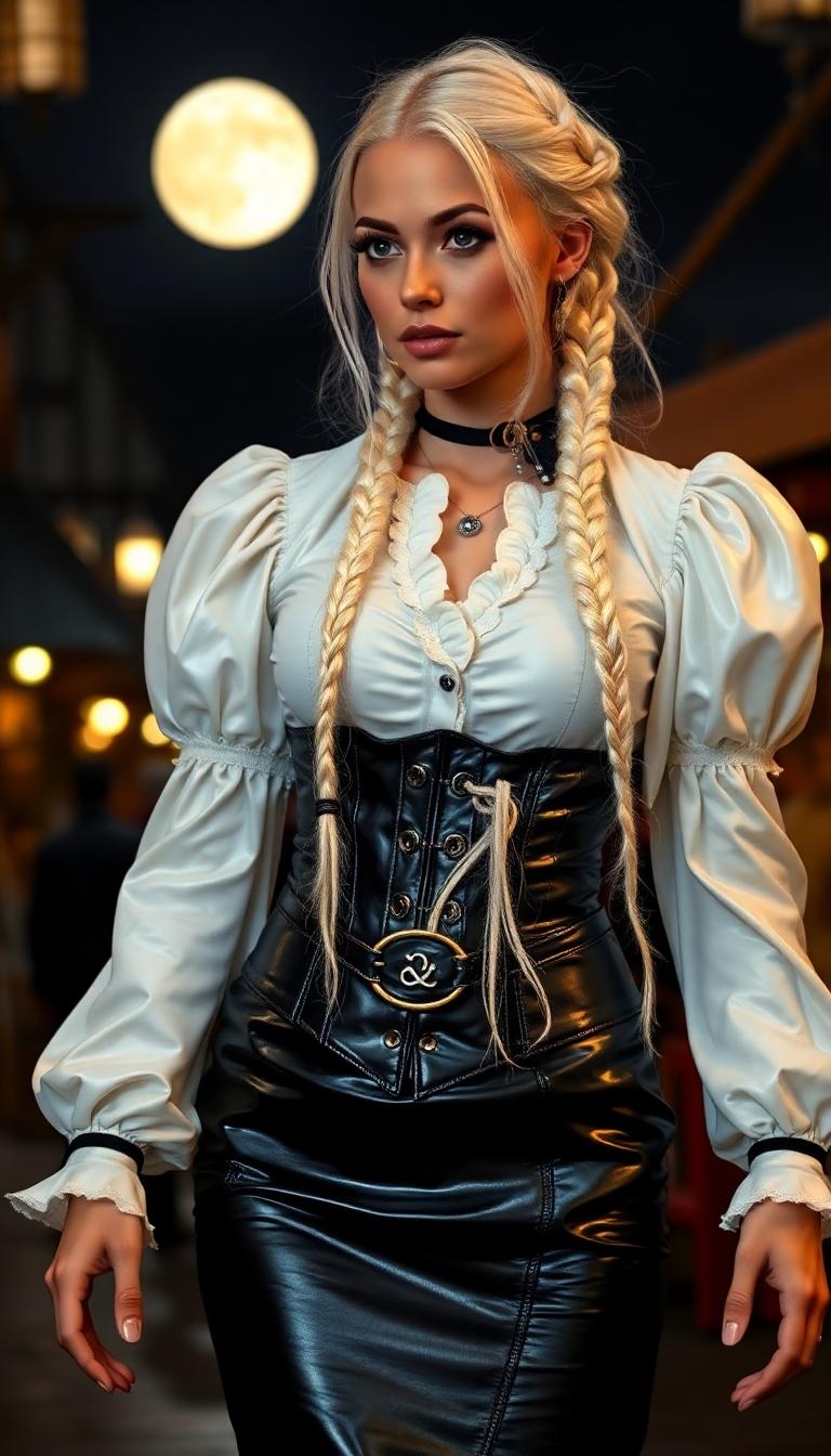 Shiny White latex blouse with puffy sleeves, shiny black leather tight skirts, shiny black leather corset, long thick plait of braided white blond hair. At night in moonlit medieval marketplace. 