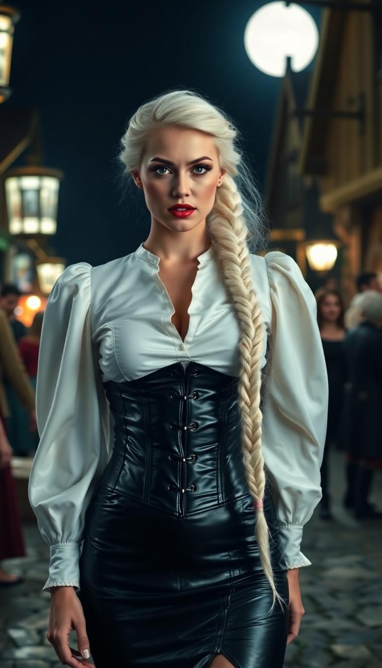 Shiny White latex blouse with puffy sleeves, shiny black leather tight skirts, shiny black leather corset, long thick plait of braided white blond hair. Blood red lips and long nails. At night in moonlit medieval marketplace. 