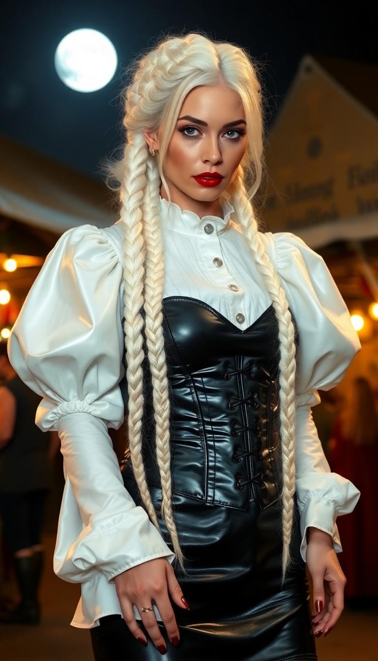 Shiny White latex blouse with puffy sleeves, shiny black leather tight skirts, shiny black leather corset, long thick plait of braided white hair. Blood red lips and long nails. At night in moonlit medieval marketplace. 