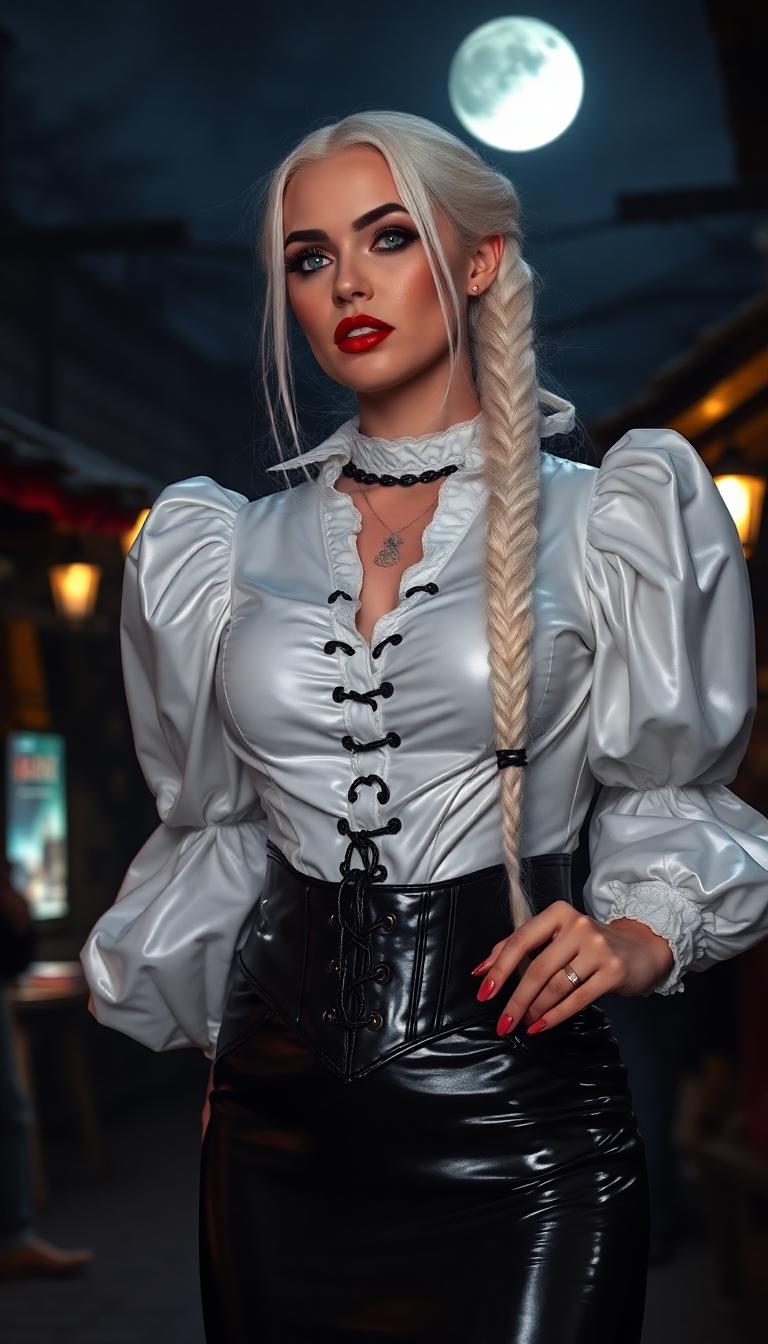 Vampire queen. Shiny White latex blouse with puffy sleeves, shiny black leather tight skirts, shiny black leather corset, long thick plait of braided white hair. Blood red lips and claw like nails. At night in moonlit medieval marketplace. 