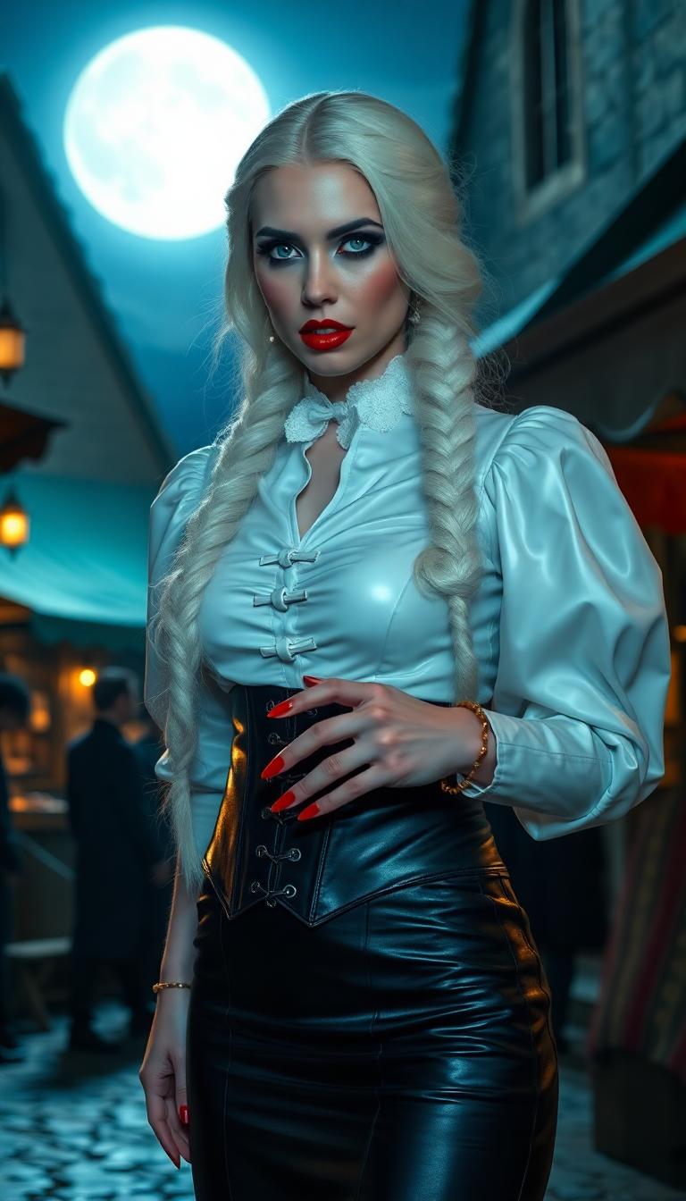 Vampire queen. Shiny White latex blouse with puffy sleeves, shiny black leather tight skirts, shiny black leather corset, long thick plait of braided white hair. Blood red lips and blood red claw like nails. Ice blue eyes. At night in moonlit medieval marketplace. 