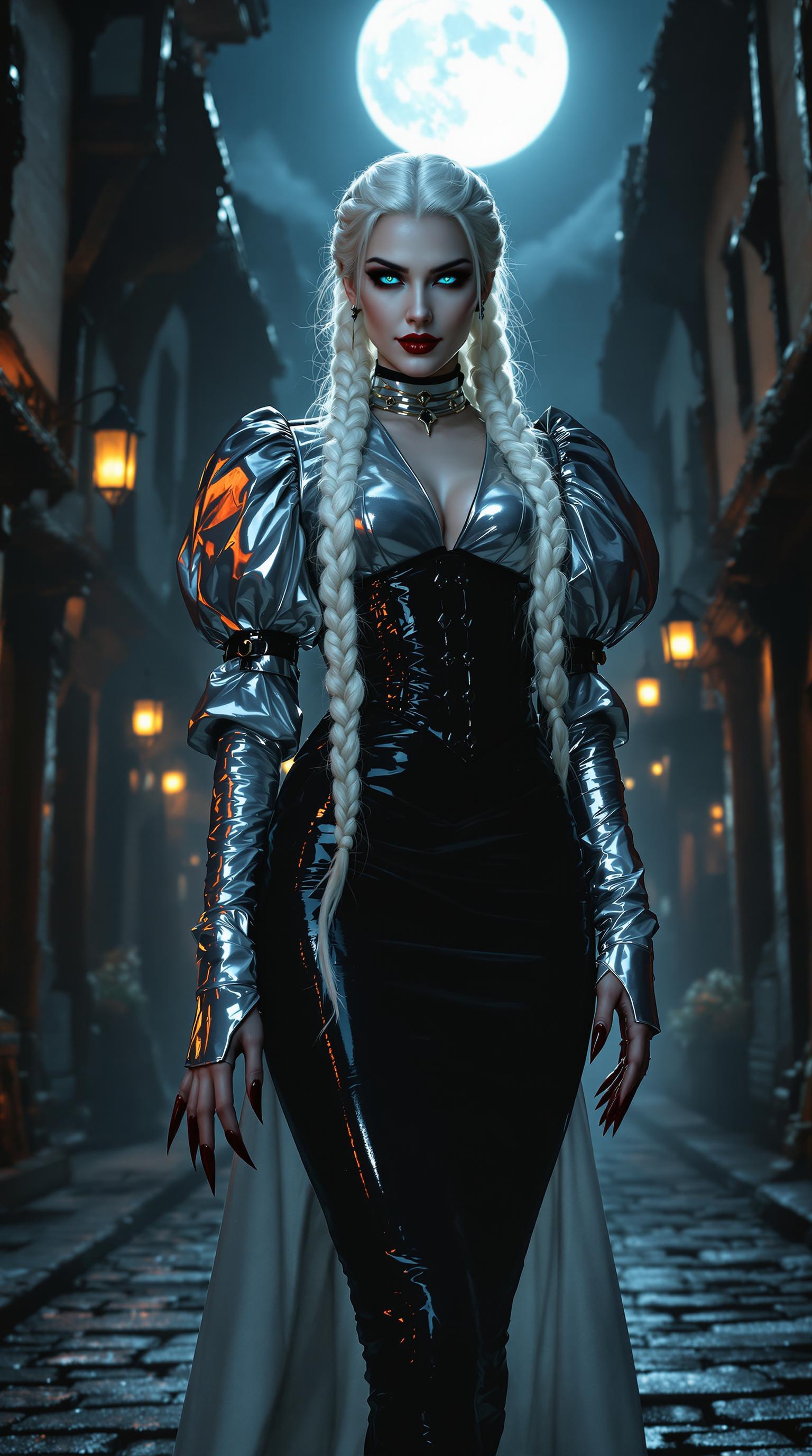 A striking Vampire Queen stands as the centerpiece of a moonlit medieval marketplace, exuding dark elegance and supernatural power. She wears a shiny silver latex blouse with dramatic puffy sleeves that catch the moonlight, paired with a tight black leather skirt that gleams with a polished sheen, and a form-fitting black leather corset that accentuates her commanding presence. Her long, thick plait of braided white hair cascades down her back, shimmering like frost under the pale lunar glow. Her blood-red lips curve into a sinister smile, and her blood-red, claw-like nails glint menacingly as they rest at her sides. Her piercing ice-blue eyes seem to glow with an otherworldly intensity, locking onto the viewer with an icy, predatory gaze. The scene is set at night in a medieval marketplace, with cobblestone streets reflecting the silver moonlight, surrounded by rustic wooden stalls draped in shadows and faint lantern light. The atmosphere is eerie and haunting, with a cool, misty air and the faint howl of wind weaving through the empty market. The composition focuses on the Vampire Queen standing tall in the center, framed by the arching shadows of ancient stone buildings, captured from a low angle to emphasize her dominance and mystique. The style is inspired by gothic fantasy art, with hyper-detailed textures on her glossy attire and a cinematic, dramatic lighting contrast between the soft moonlight and deep, inky shadows.