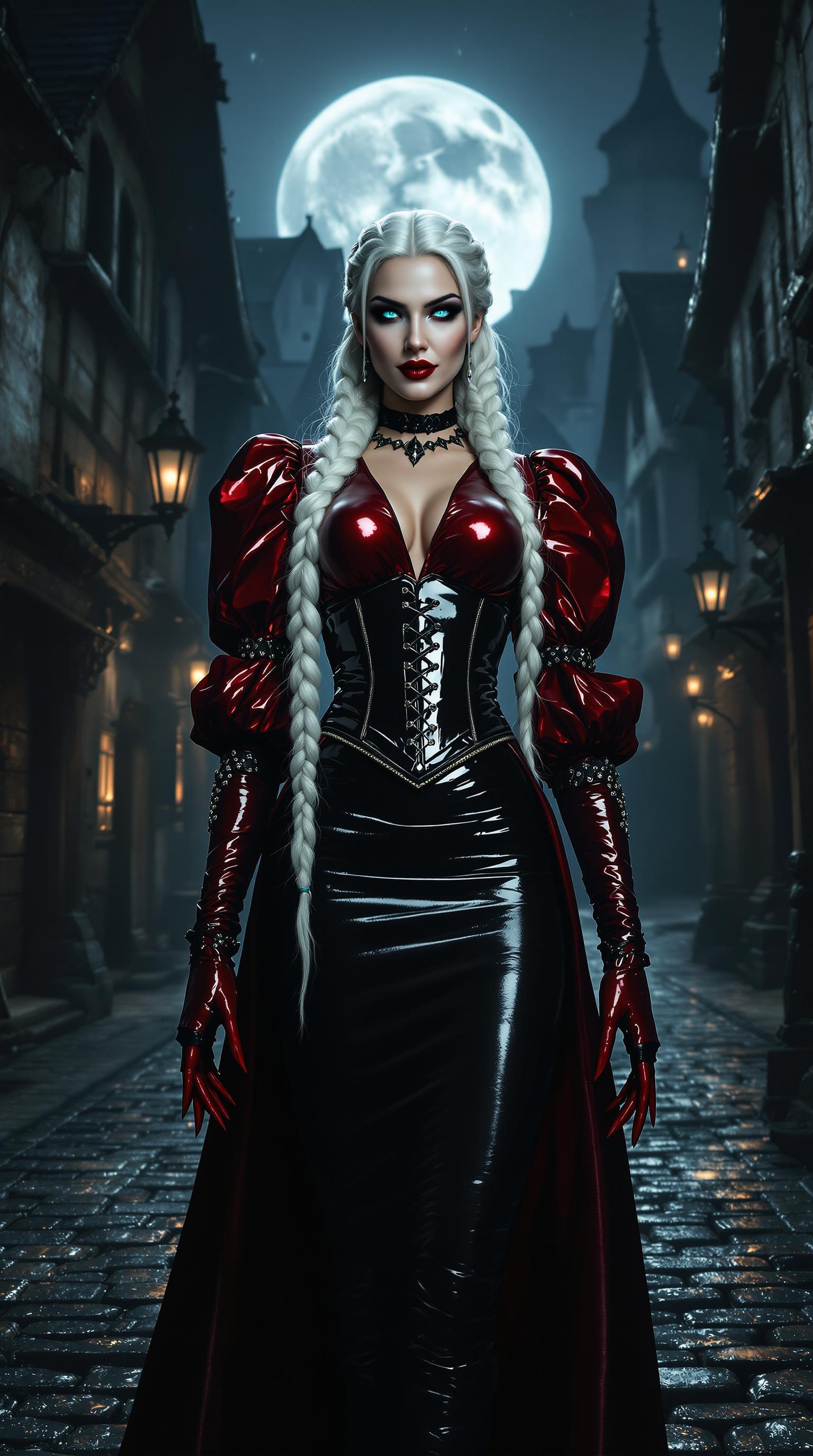 A striking Vampire Queen stands as the centerpiece of a moonlit medieval marketplace, exuding dark elegance and supernatural power. She wears a shiny crimson latex blouse with dramatic puffy sleeves that catch the moonlight, paired with a tight black leather skirt that gleams with a polished sheen, and a form-fitting black leather corset that accentuates her commanding presence. Her long, thick plait of braided white hair cascades down her back, shimmering like frost under the pale lunar glow. Her blood-red lips curve into a sinister smile, and her blood-red, claw-like nails glint menacingly as they rest at her sides. Her piercing ice-blue eyes seem to glow with an otherworldly intensity, locking onto the viewer with an icy, predatory gaze. The scene is set at night in a medieval marketplace, with cobblestone streets reflecting the silver moonlight, surrounded by rustic wooden stalls draped in shadows and faint lantern light. The atmosphere is eerie and haunting, with a cool, misty air and the faint howl of wind weaving through the empty market. The composition focuses on the Vampire Queen standing tall in the center, framed by the arching shadows of ancient stone buildings, captured from a low angle to emphasize her dominance and mystique. The style is inspired by gothic fantasy art, with hyper-detailed textures on her glossy attire and a cinematic, dramatic lighting contrast between the soft moonlight and deep, inky shadows.