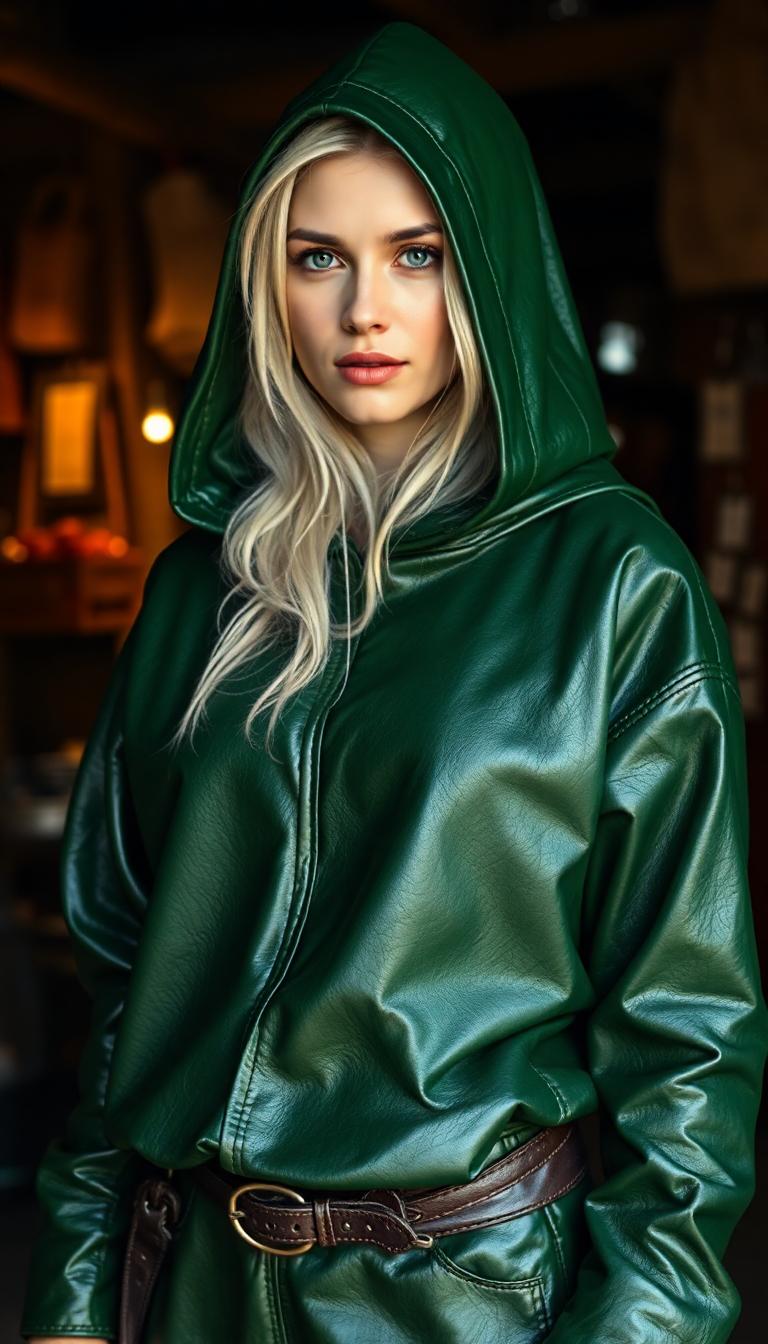 Shiny Green leather medieval tunic with hood, covering her head. A few strands of white hair escapes the deep hood. Shiny hunter green leather pants. Standingvin a dark ages market